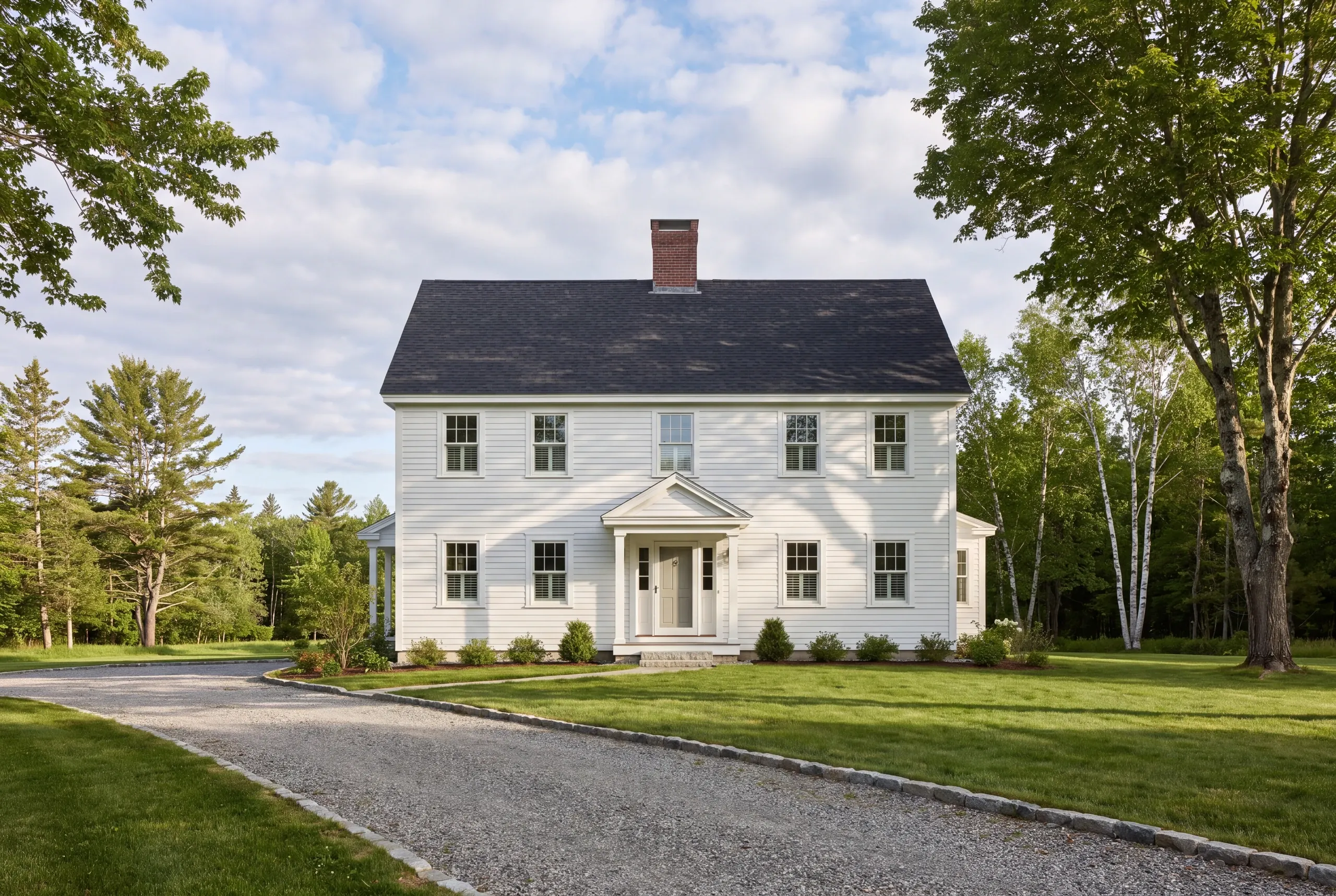 White center-entry colonial with a brick chimney at the end of a long granite-edged drive