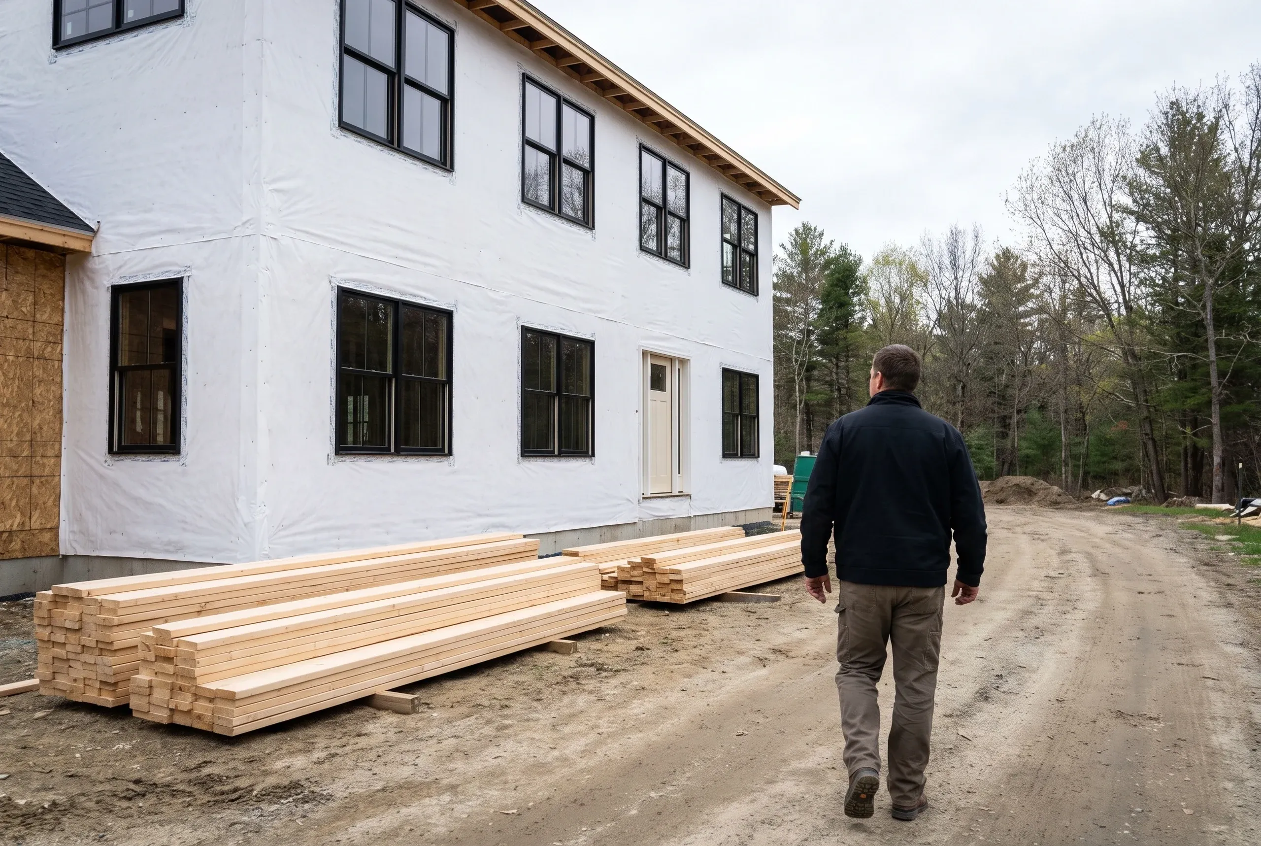 Two-story house in white house wrap with black windows and stacked framing lumber in the drive, a man walking toward the entry in Searsmont, Maine