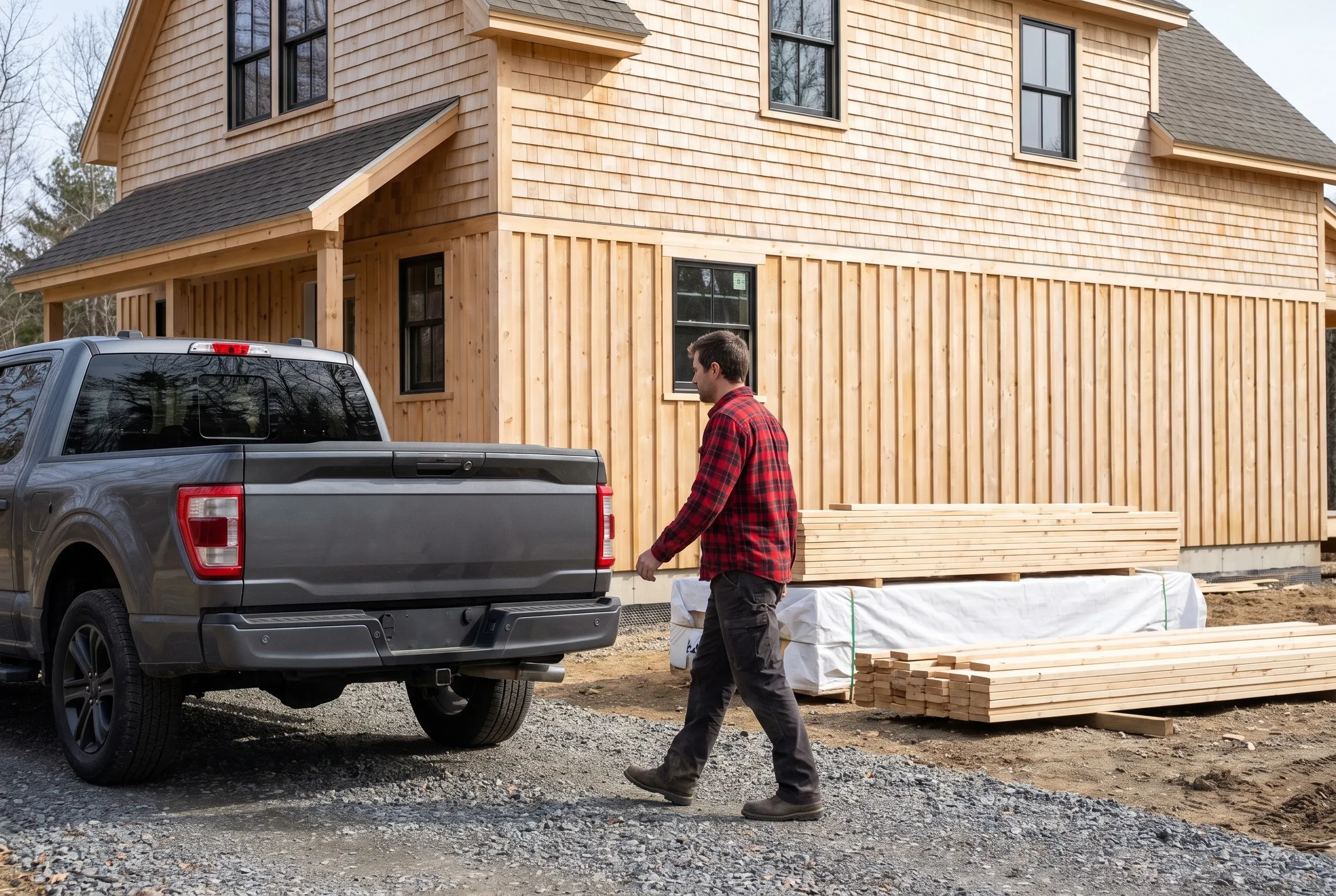 Cedar shingle and board and batten two-story house with a flannel-clad man walking to a gray pickup in Searsmont, Maine