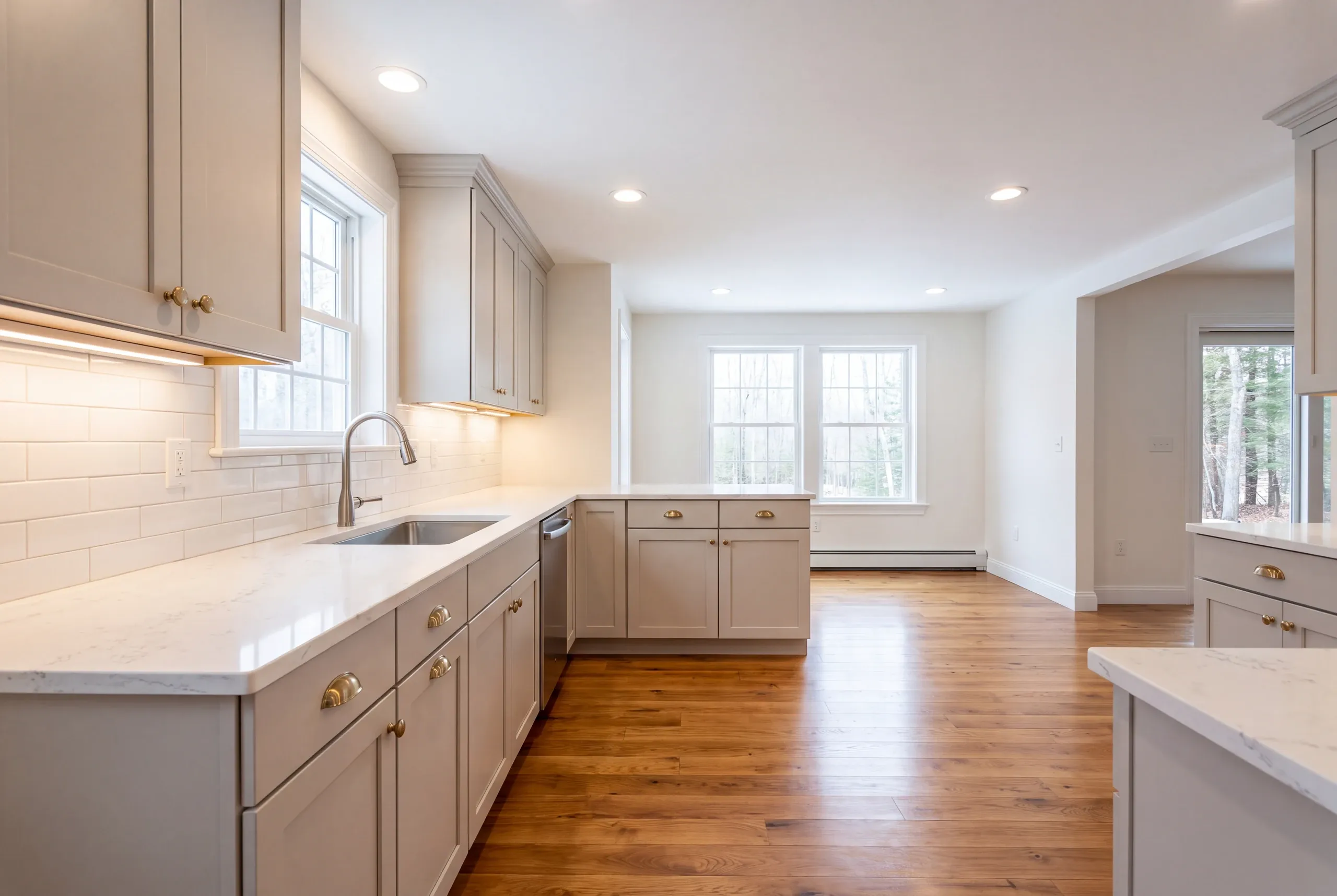 Kitchen remodeling in Augusta, ME: gray shaker cabinets, white quartz-look counter, subway tile and cup pulls in an L-shaped kitchen