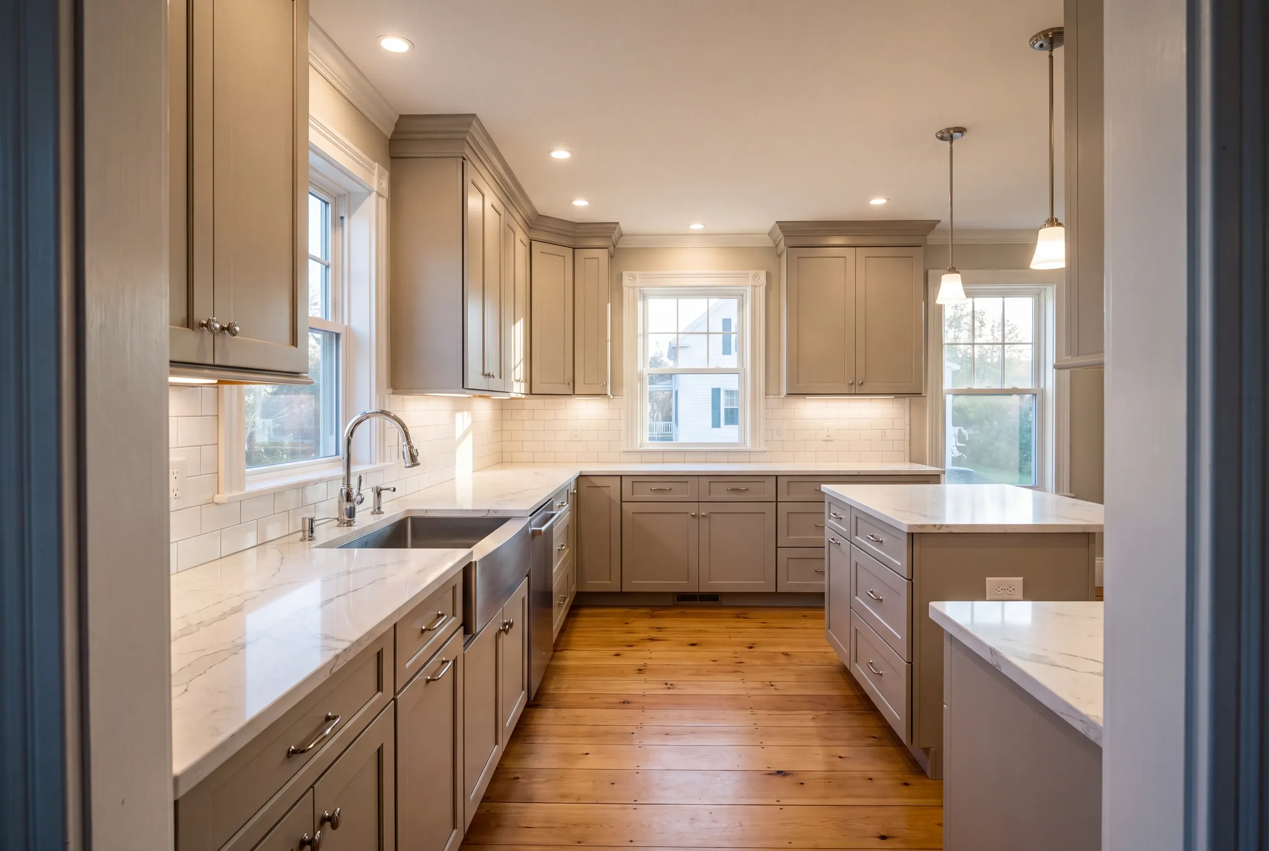 Kitchen remodeler Augusta Maine: gray shaker kitchen with a stainless apron sink, marble-look counters and wide pine floors