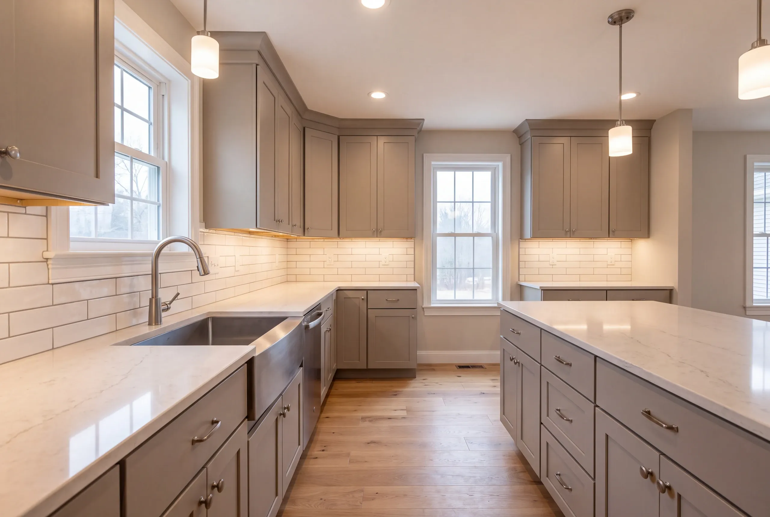 Kitchen renovation contractor Augusta Maine: finished gray shaker kitchen with pendants, under-cabinet lighting and a big quartz-look island