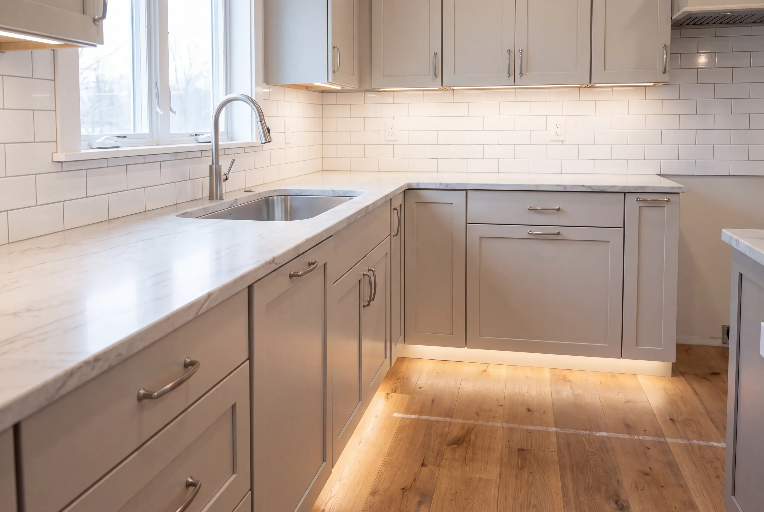 Kitchen renovation contractor Bath Maine: greige shaker base cabinets with toe-kick lighting, marble-look counters and an undermount sink