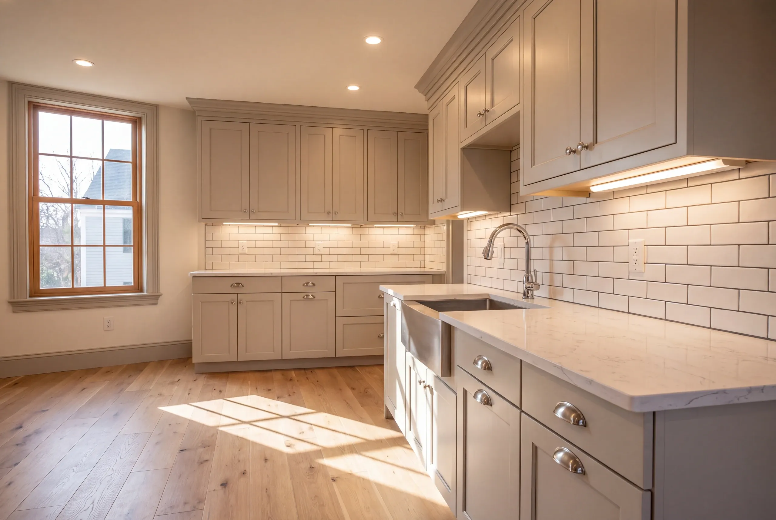 Kitchen renovation contractor Bath Maine: sunlit kitchen with greige cabinets, cup pulls, apron sink and a wood-sash window on oak floors