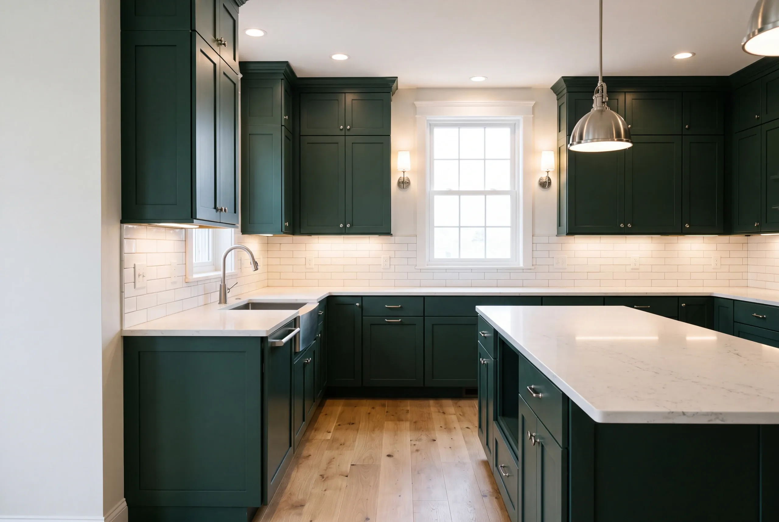 Kitchen remodeler Bath Maine: dark green shaker cabinets, white subway tile, wall sconces by the window and a big island
