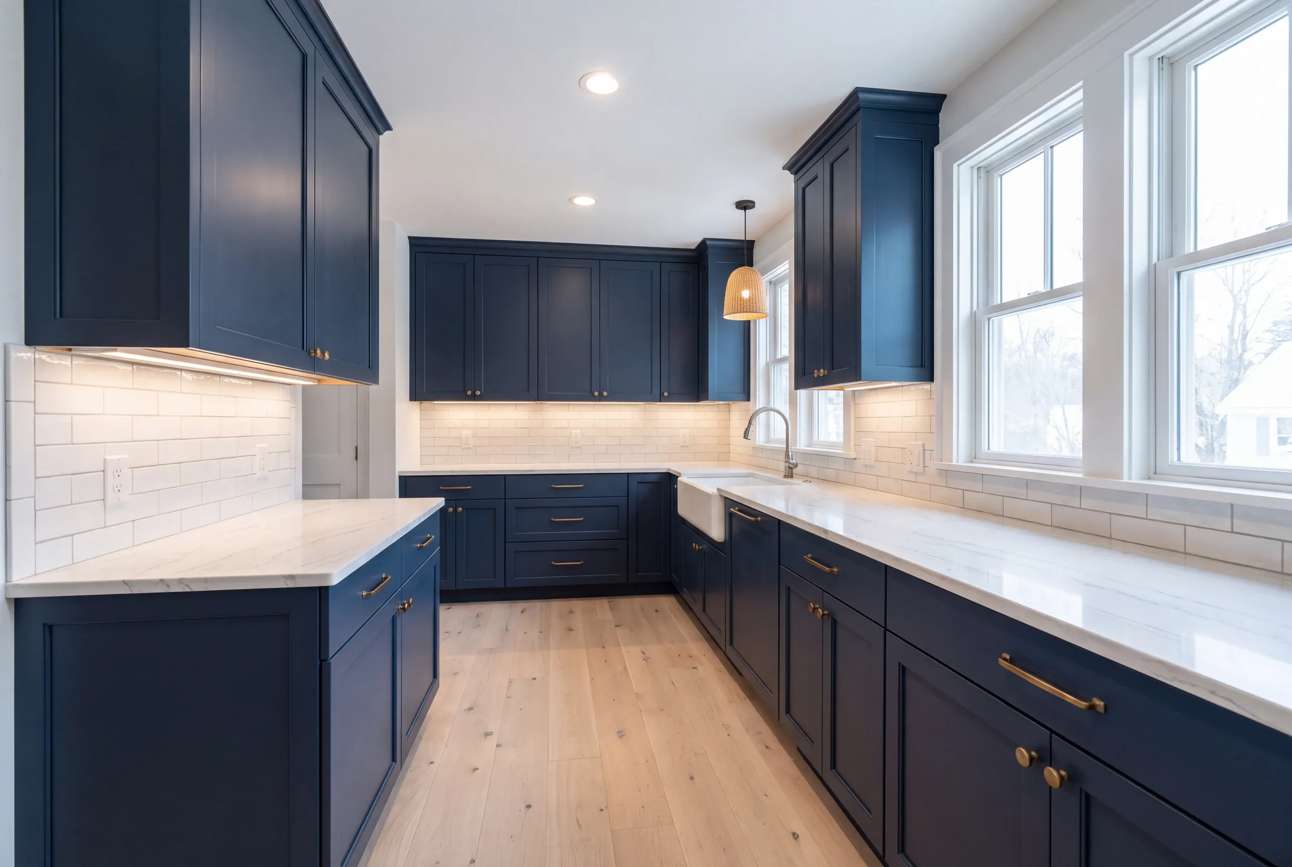 Kitchen remodeling in Belfast, ME: navy shaker kitchen with a fireclay apron sink, brass pulls and a woven pendant by tall windows