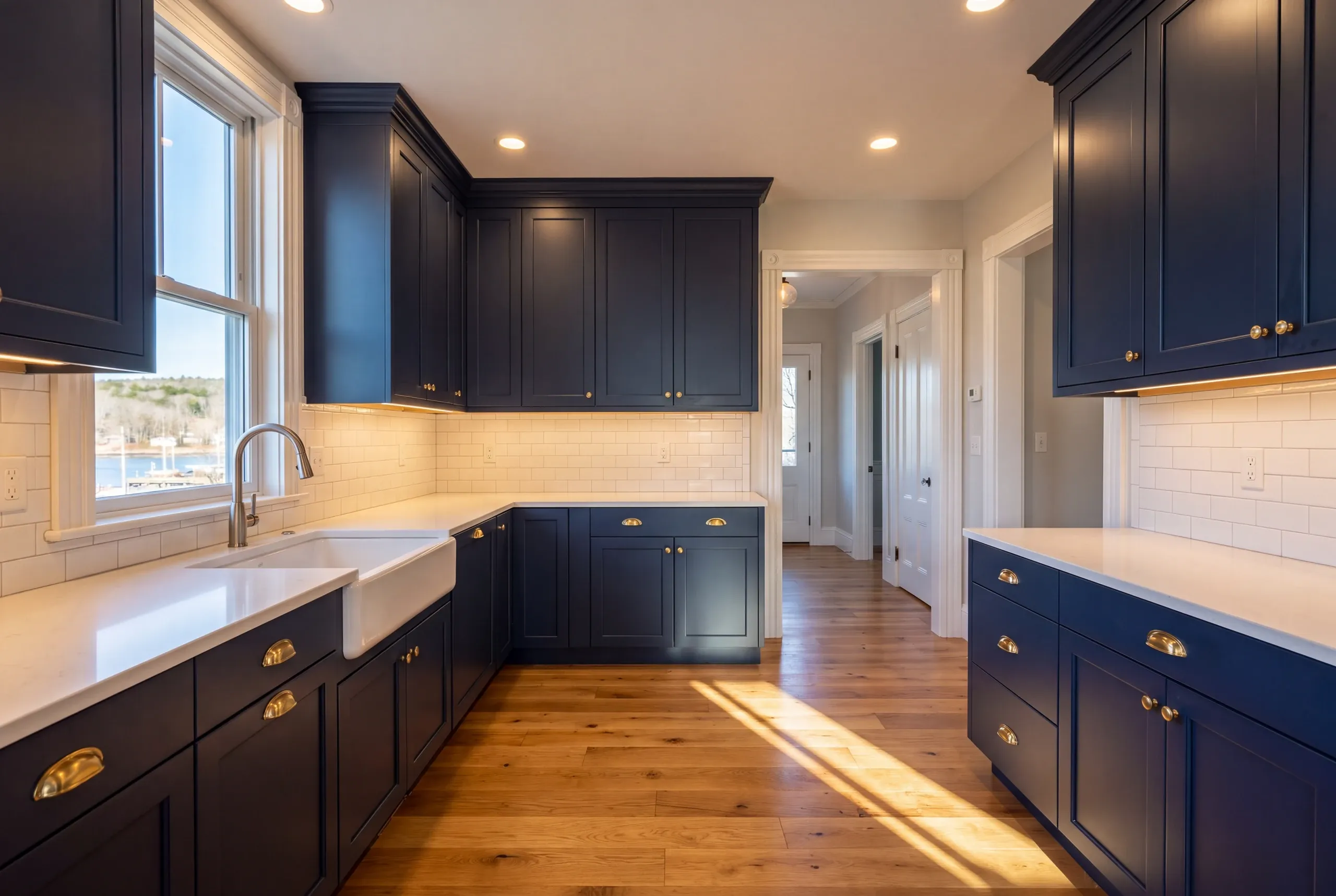 Kitchen remodeler Belfast Maine: navy inset cabinets, brass cup pulls and a fireclay sink with a harbor view and period door trim