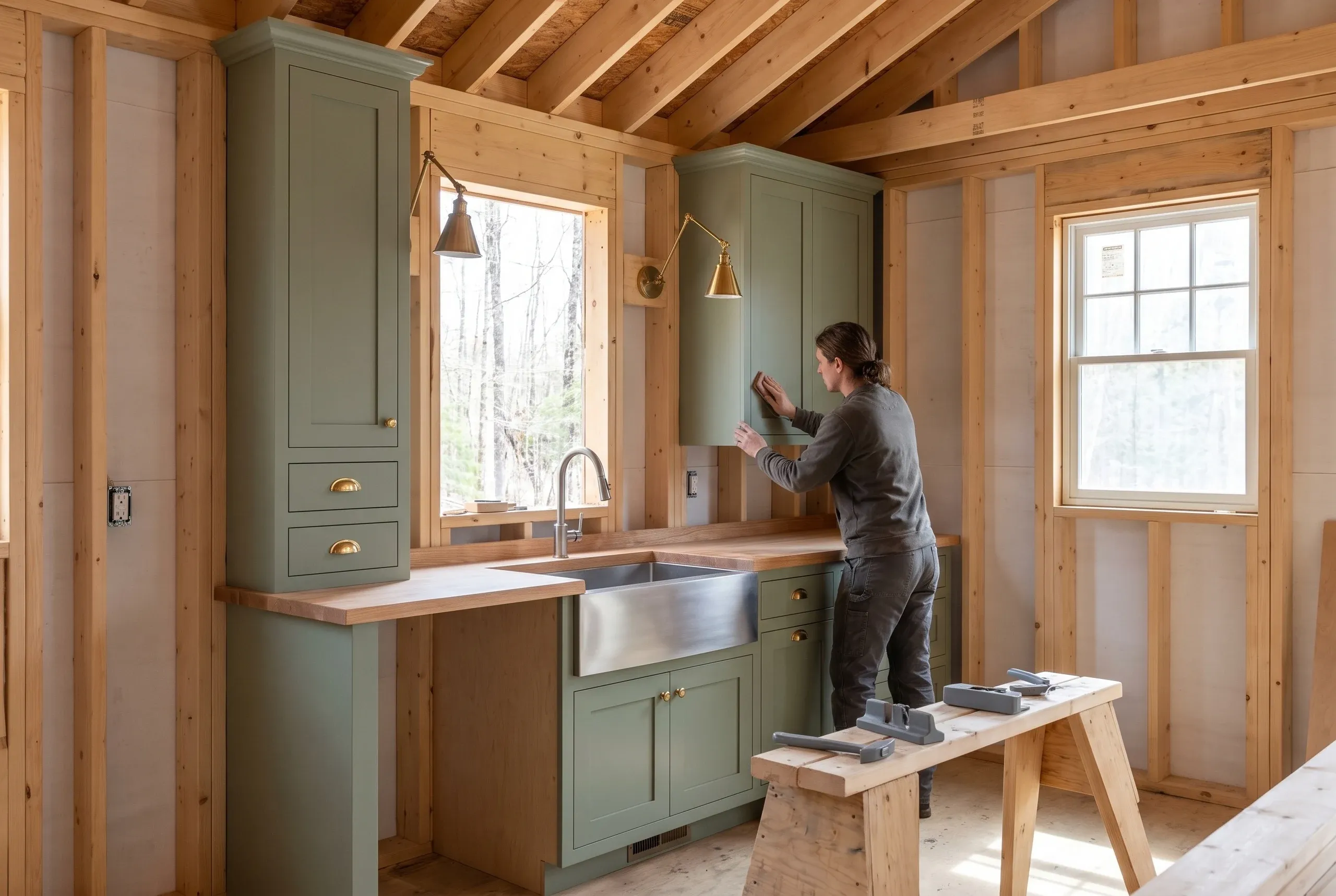 Kitchen remodeler Belfast Maine: sage green inset cabinets, brass cup pulls and swing-arm sconces around a stainless apron sink