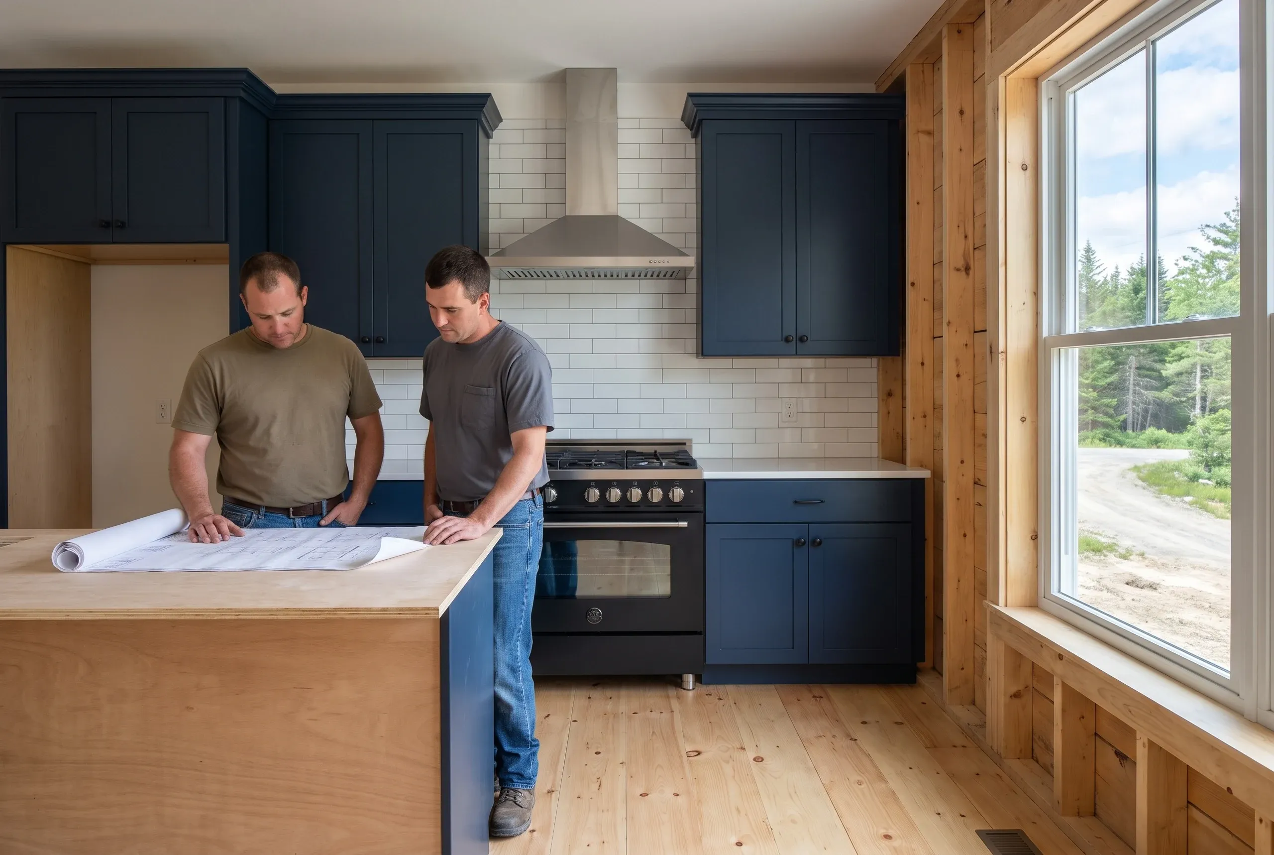 Kitchen remodeling in Bucksport, ME: navy shaker cabinets, stainless chimney hood over a black range, subway tile and plans on the island