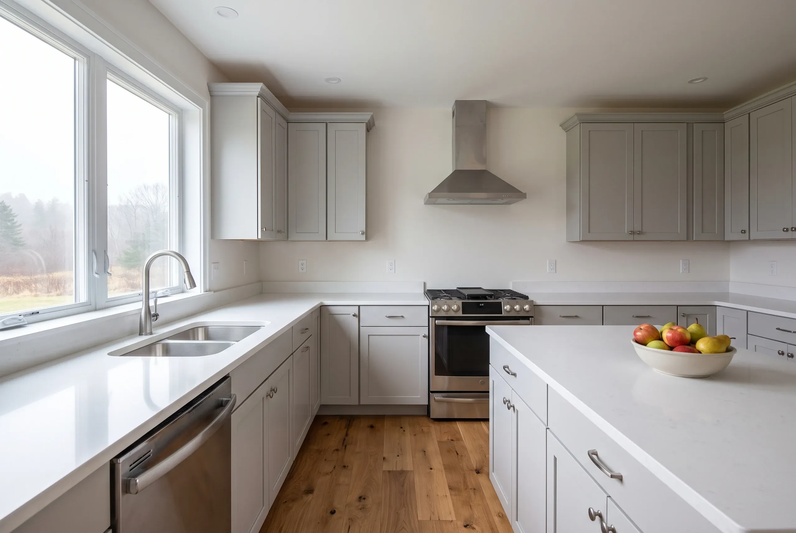 Kitchen renovation contractor Bucksport Maine: light gray shaker kitchen with a stainless chimney hood over a gas range and a window over the sink.