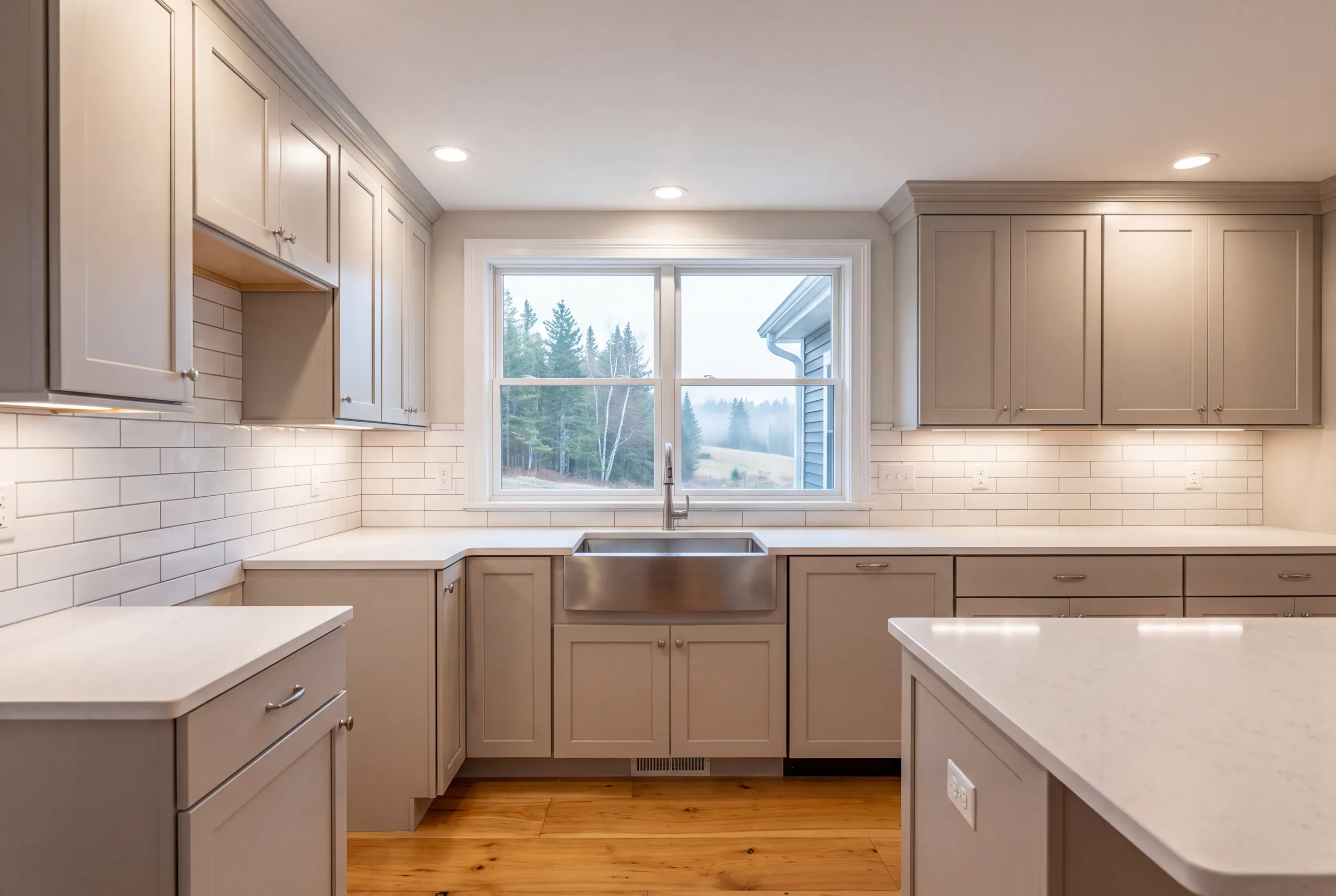 Kitchen remodeler Bucksport Maine: greige shaker kitchen with a stainless apron sink under a double window looking at misty pines