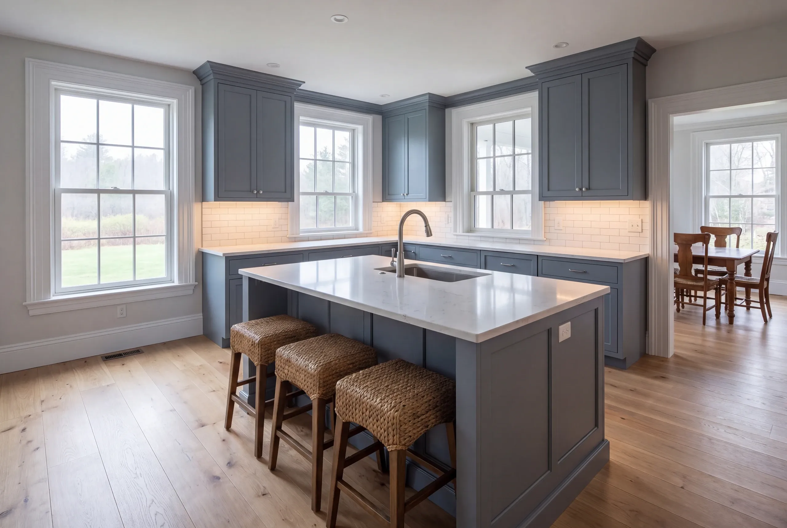 Kitchen remodeling in Camden, ME: slate blue kitchen with a sink island, three woven counter stools and windows on two walls