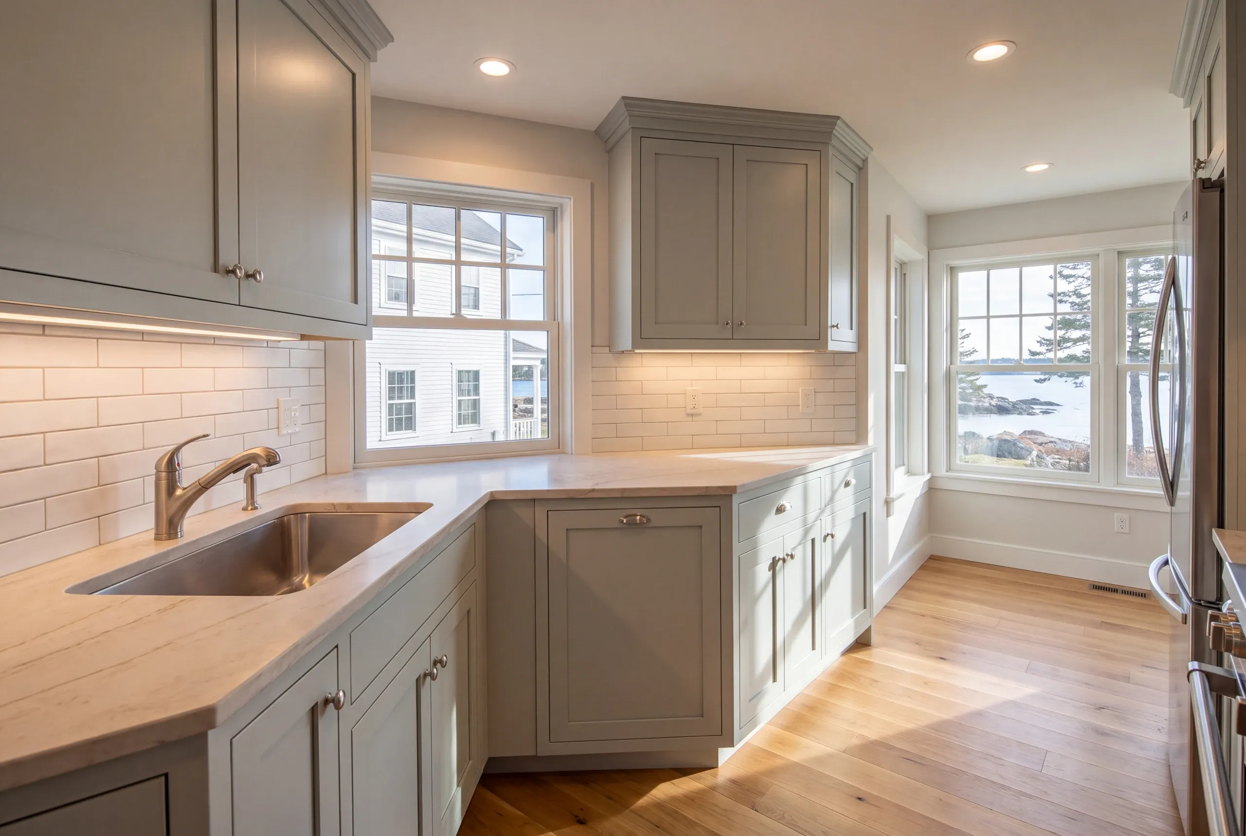 Kitchen remodeler Camden Maine: pale gray inset cabinets on an angled counter run with a corner sink and an ocean view window