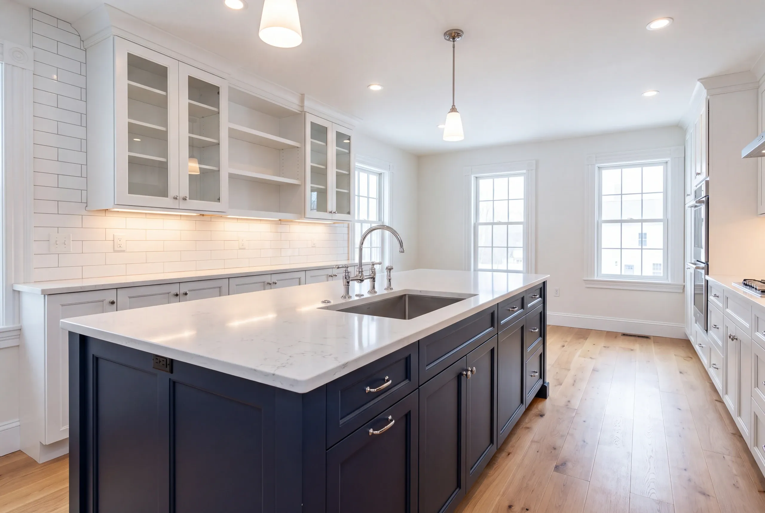 Kitchen renovation contractor Camden Maine: navy island with a bridge faucet sink below white glass-front uppers, open shelves and wall ovens