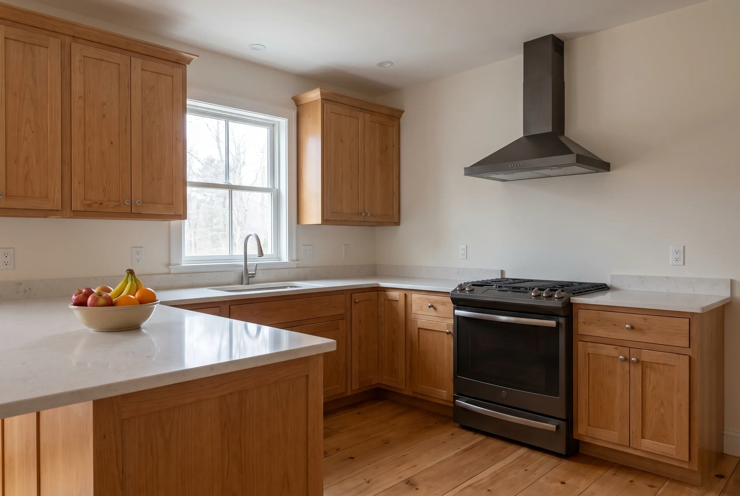 Kitchen remodeling in Damariscotta, ME: dark gray shaker kitchen with chimney hood, stainless range, window and island