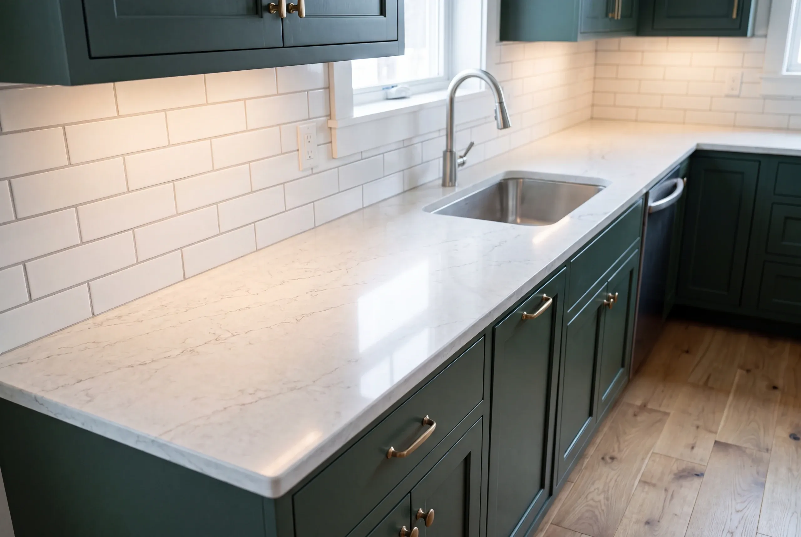 Kitchen renovation contractor Damariscotta Maine: close view of a marble-look counter and undermount sink on green cabinets