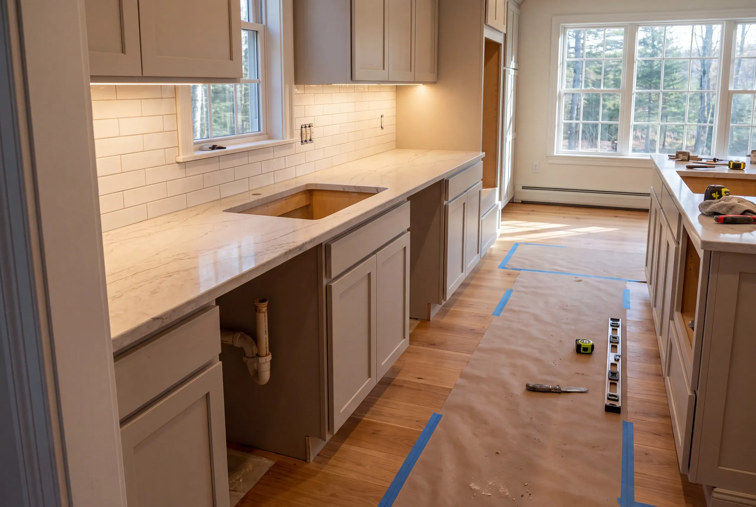 Kitchen remodeling contractor Damariscotta Maine: marble-look counter with an open sink cutout over a bare drain stub and a level