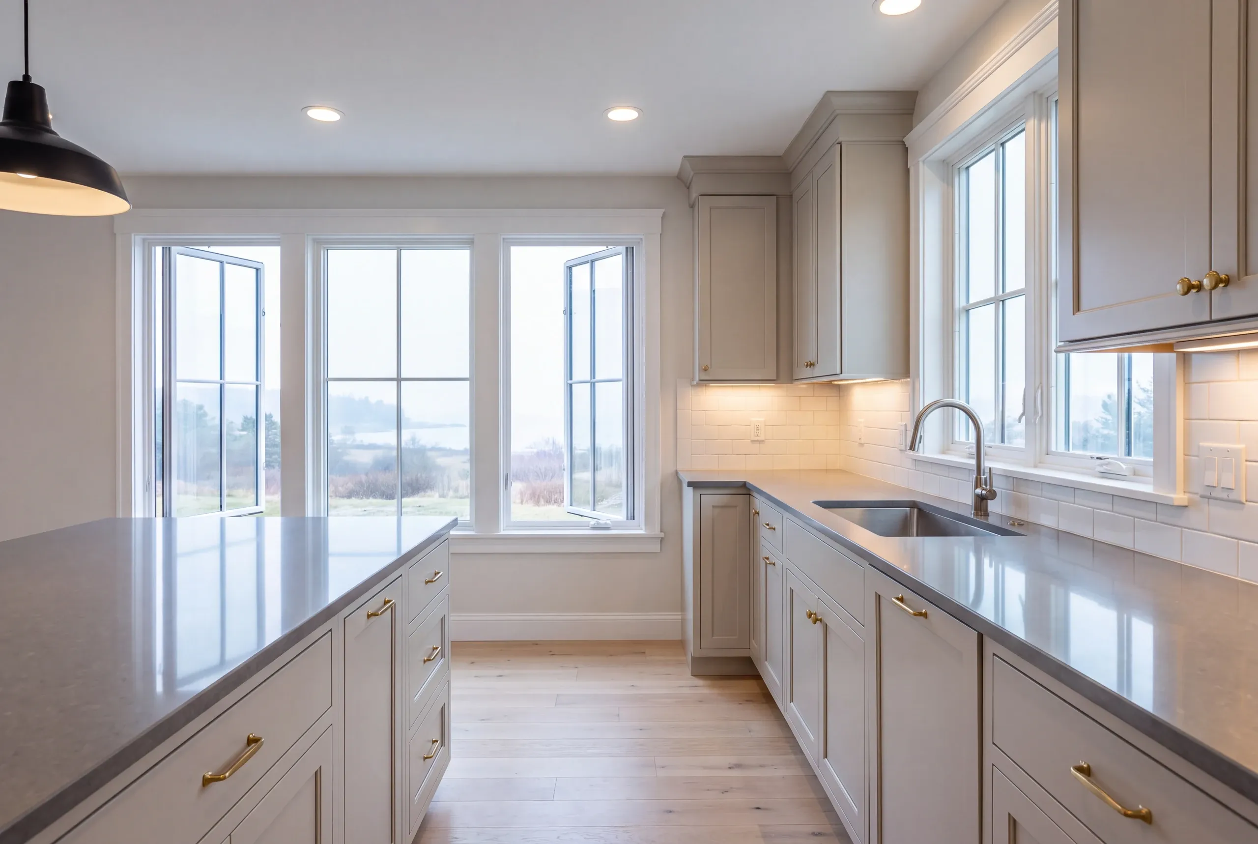 Kitchen renovation contractor Damariscotta Maine: greige inset cabinets with brass pulls, gray quartz-look counters and open casement windows