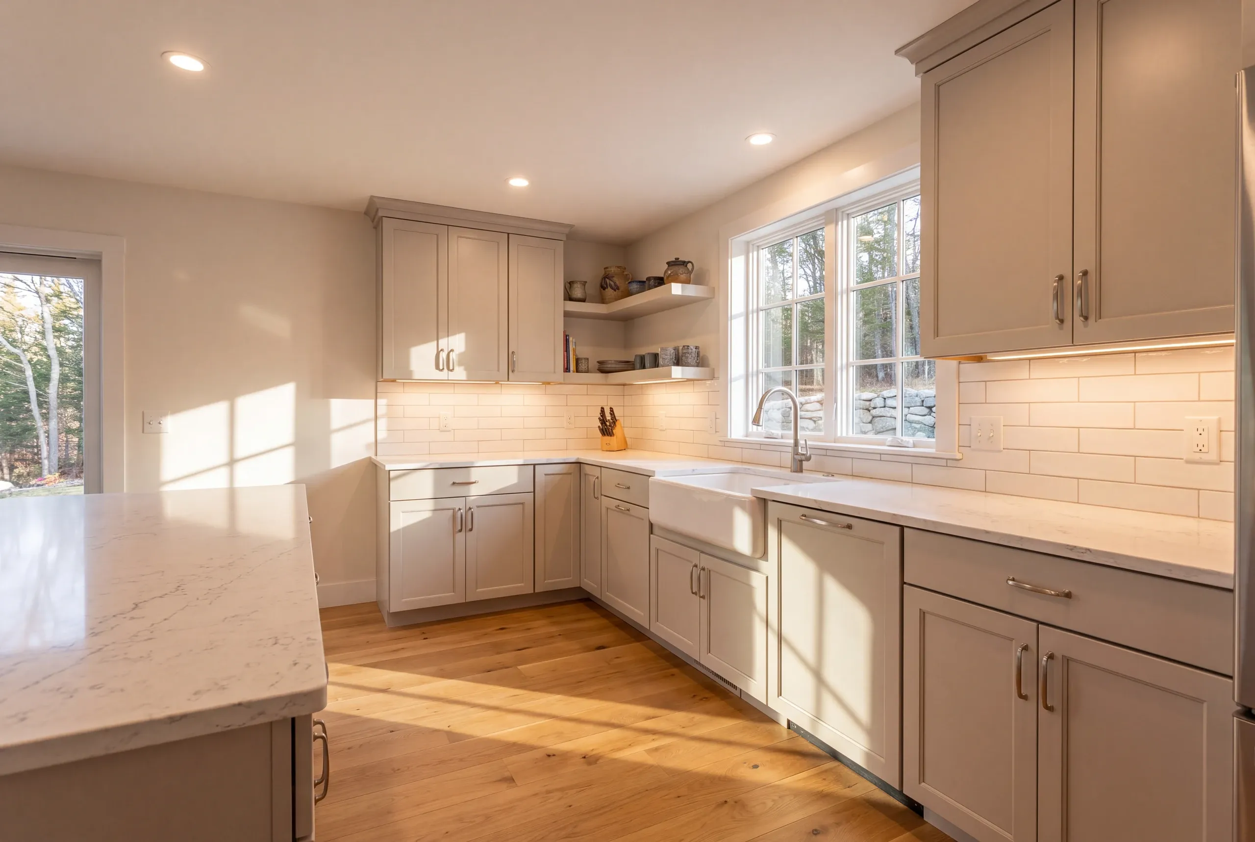 Kitchen remodeler Damariscotta Maine: greige shaker kitchen with floating corner shelves, a fireclay apron sink and a big island