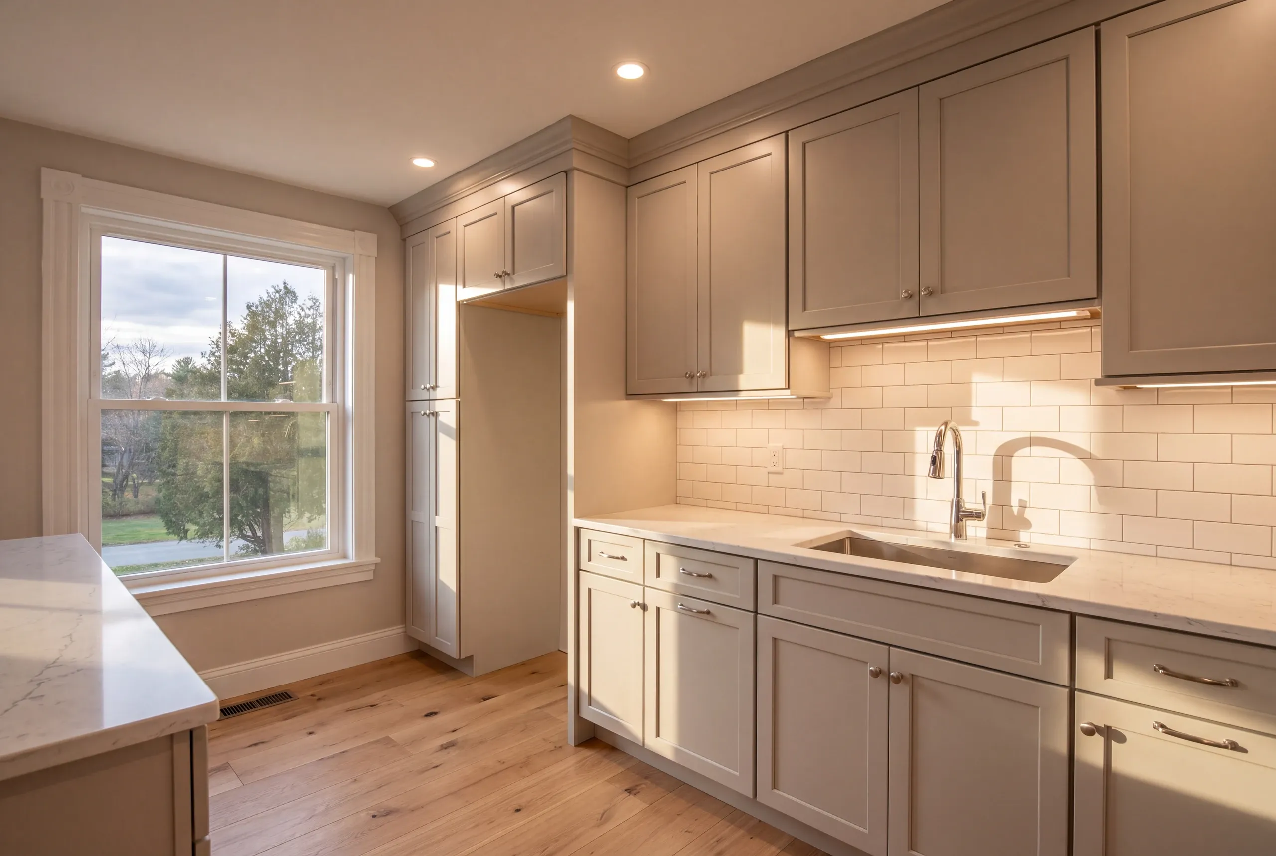 Kitchen remodeling in Fairfield, ME: empty refrigerator bay between a tall pantry cabinet and greige shaker cabinets with subway tile