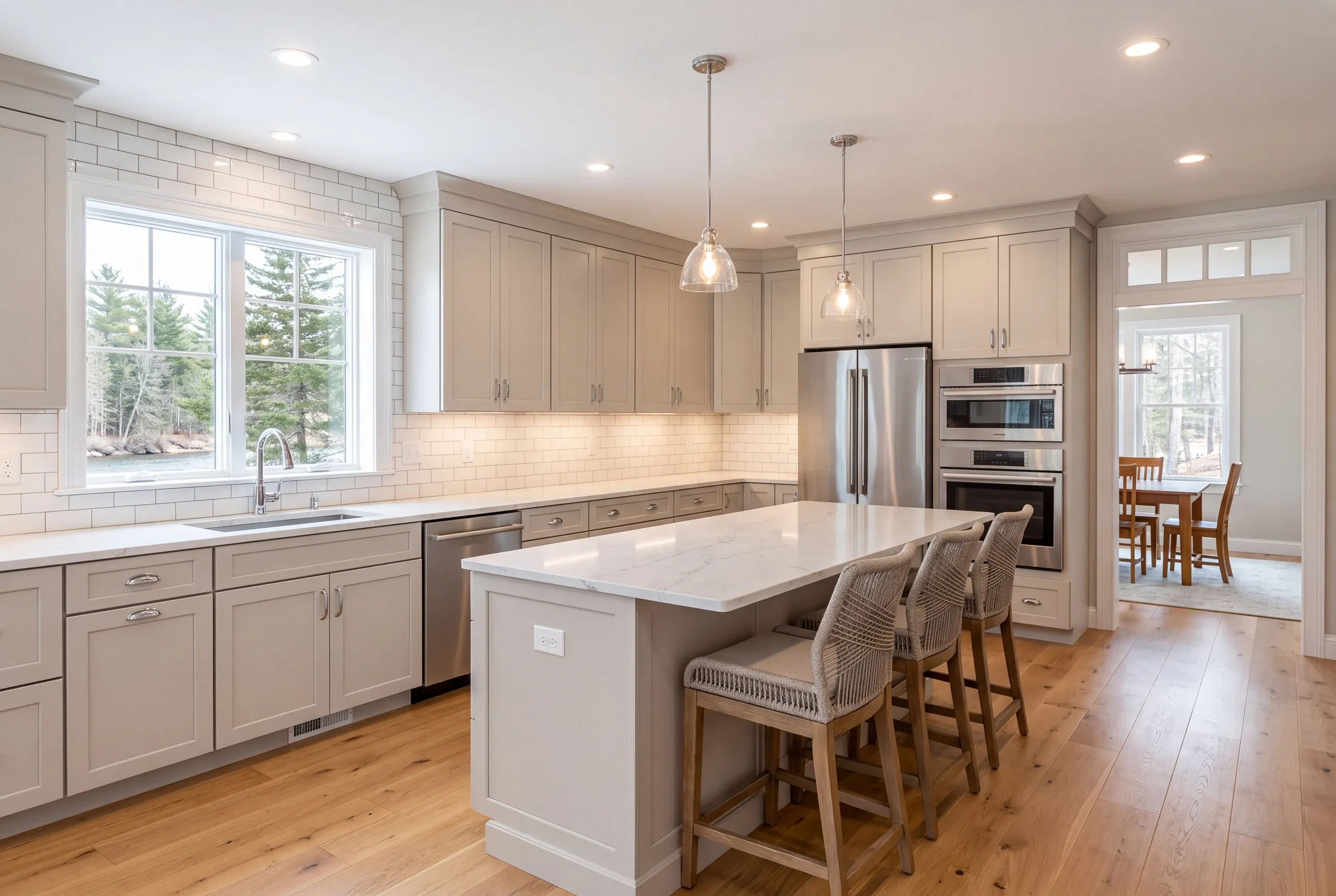 Kitchen renovation contractor Fairfield Maine: greige shaker kitchen with a stainless refrigerator, double wall ovens and a rope-stool island