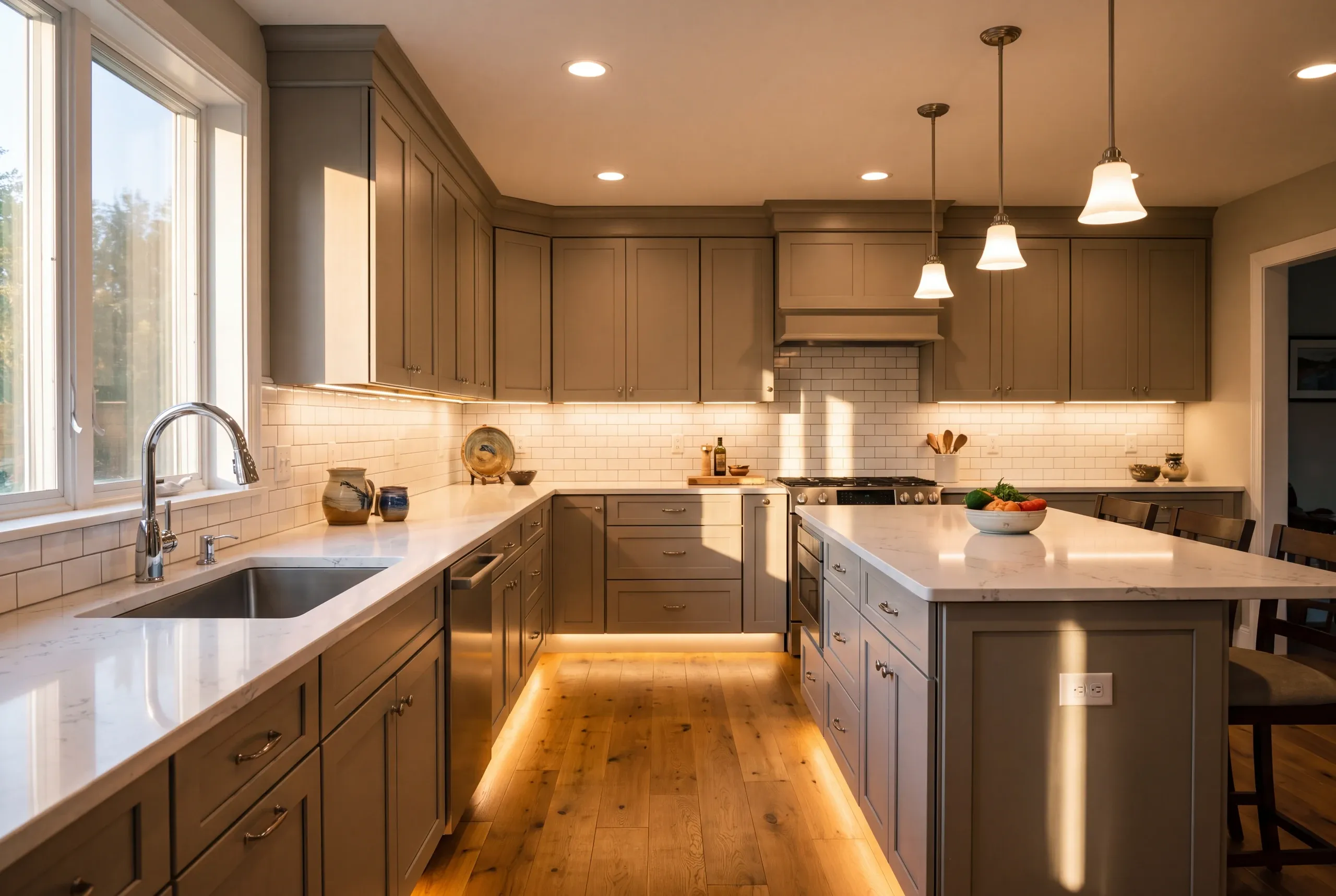 Kitchen remodeling in Gardiner, ME: taupe shaker kitchen glowing with under-cabinet and toe-kick lights, bell pendants over an island