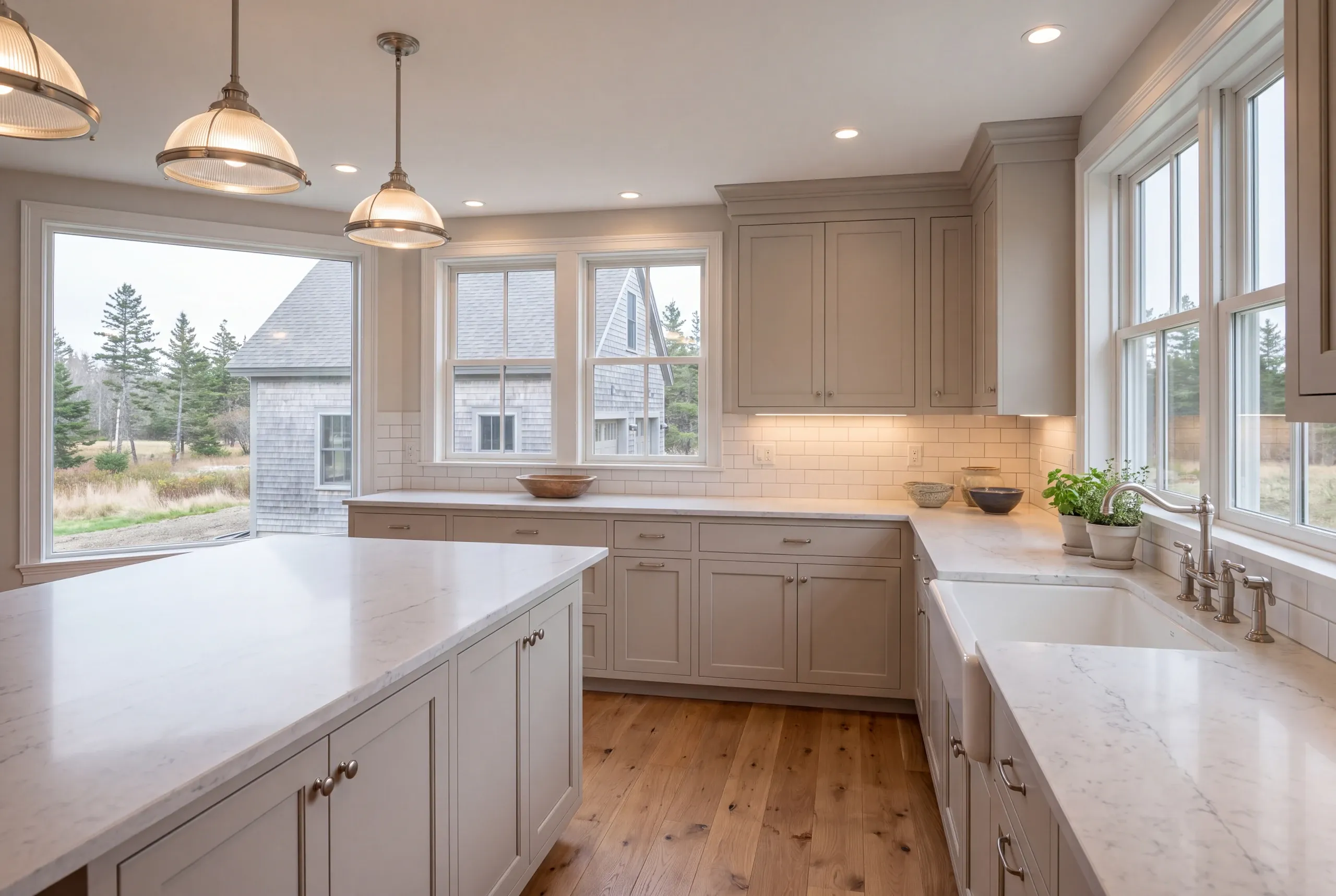 Kitchen remodeler Gardiner Maine: greige shaker kitchen with prismatic glass pendants over a big island and a fireclay sink by windows