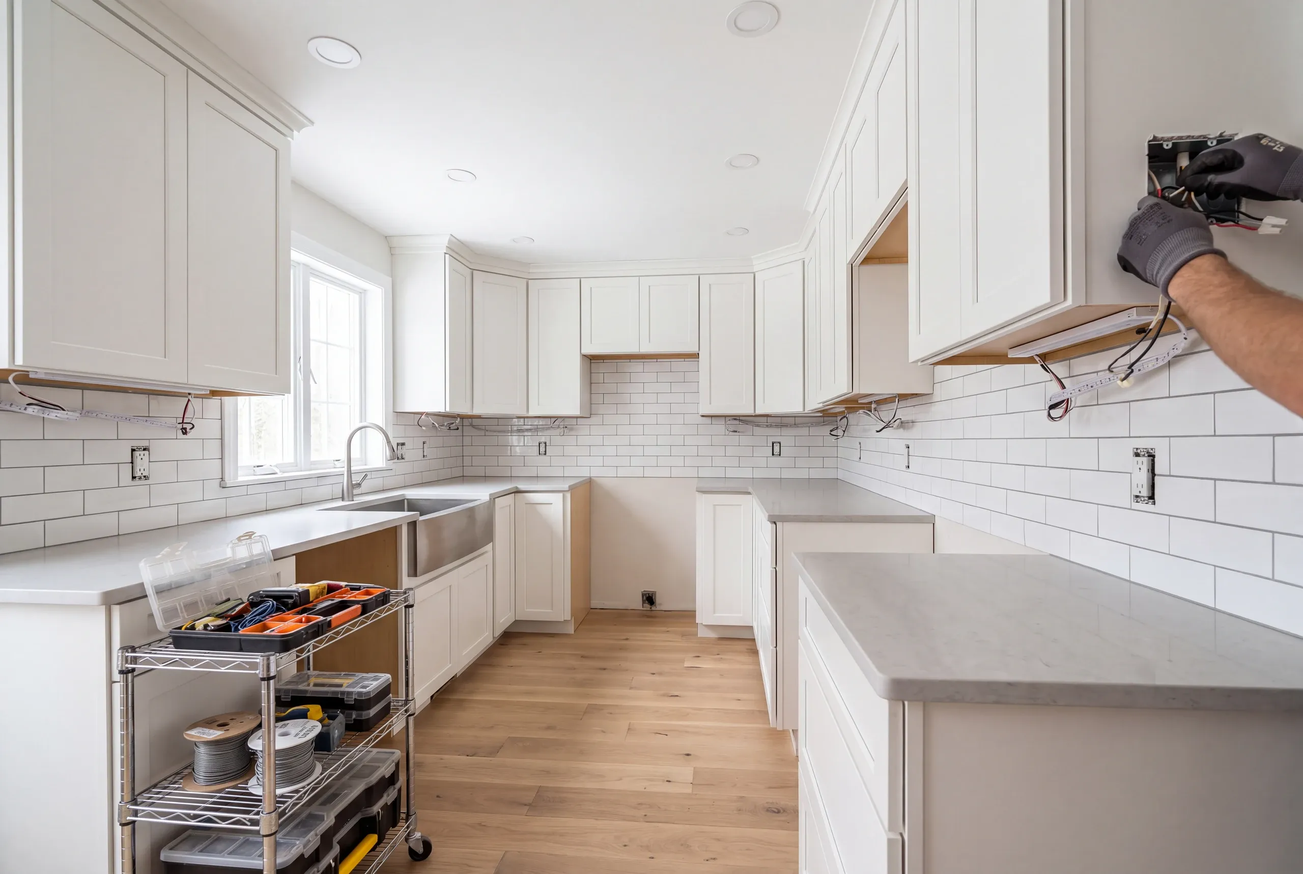 Kitchen remodeling contractor Gardiner Maine: gloved hands wiring a switch box in a white shaker kitchen with LED strips hanging from cabinets