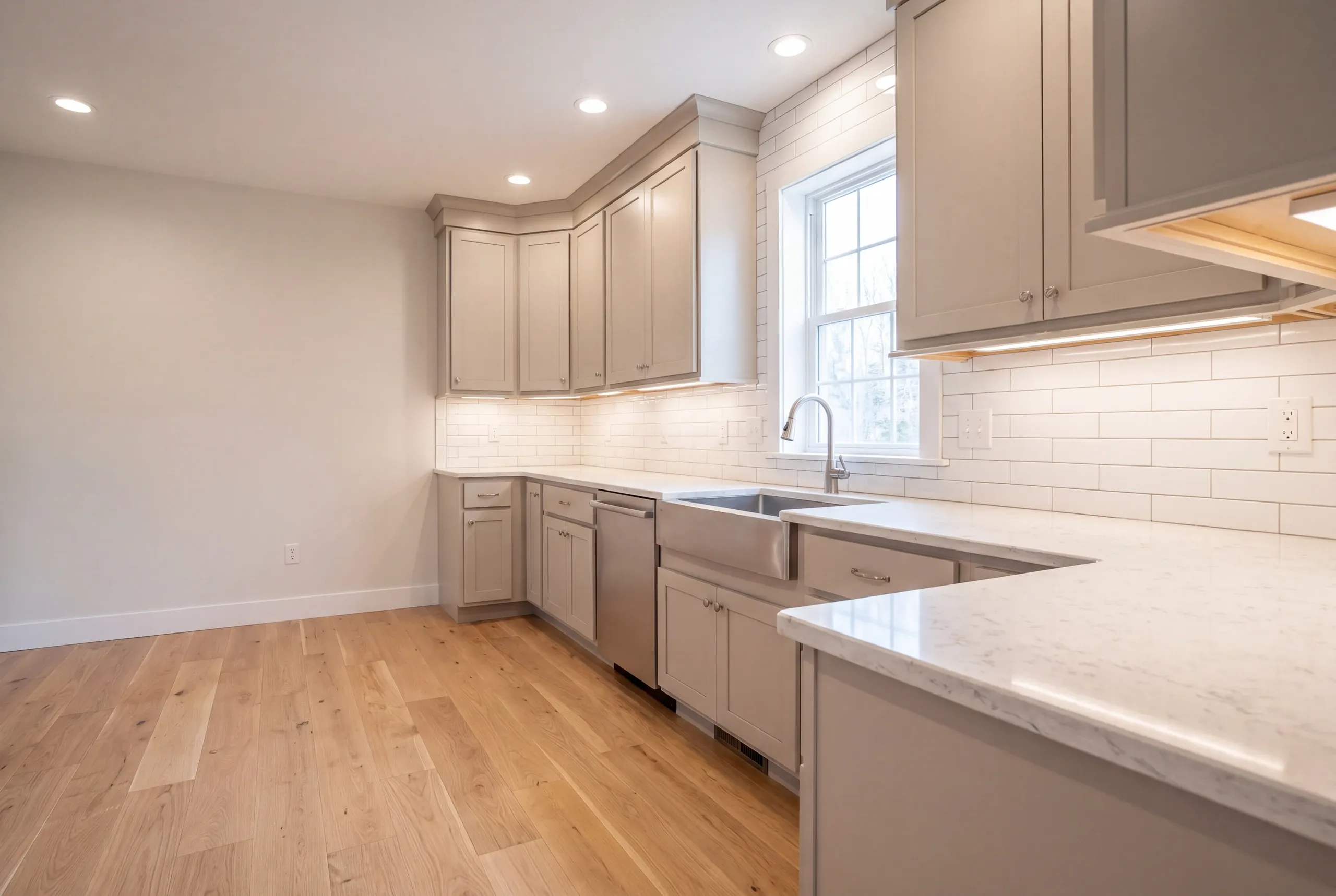 Kitchen remodeler Gardiner Maine: corner kitchen in greige shaker with a stainless apron sink, long white tile and an open eating area
