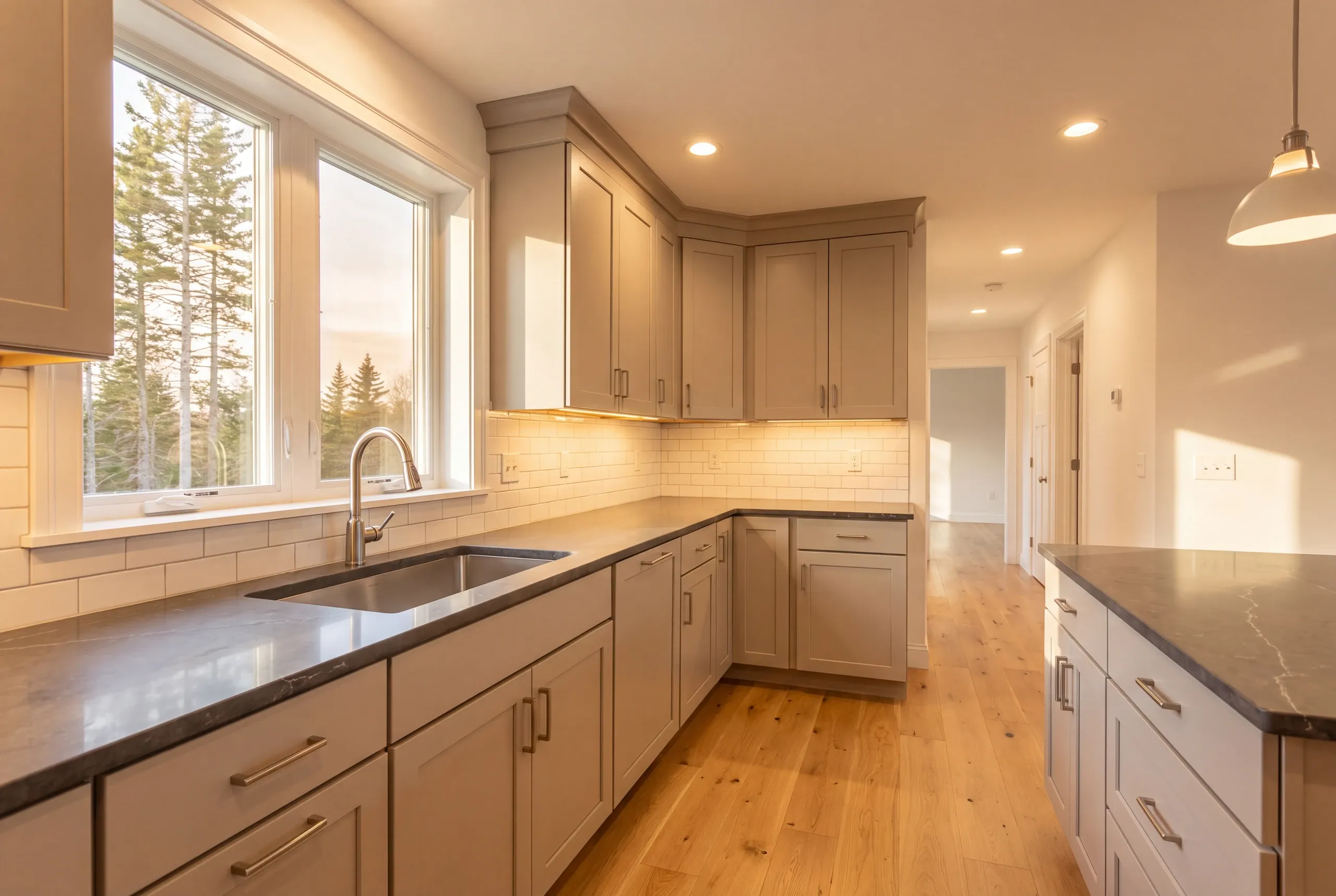 Kitchen remodeling: greige shaker kitchen with dark soapstone-look counters and a window to pine woods