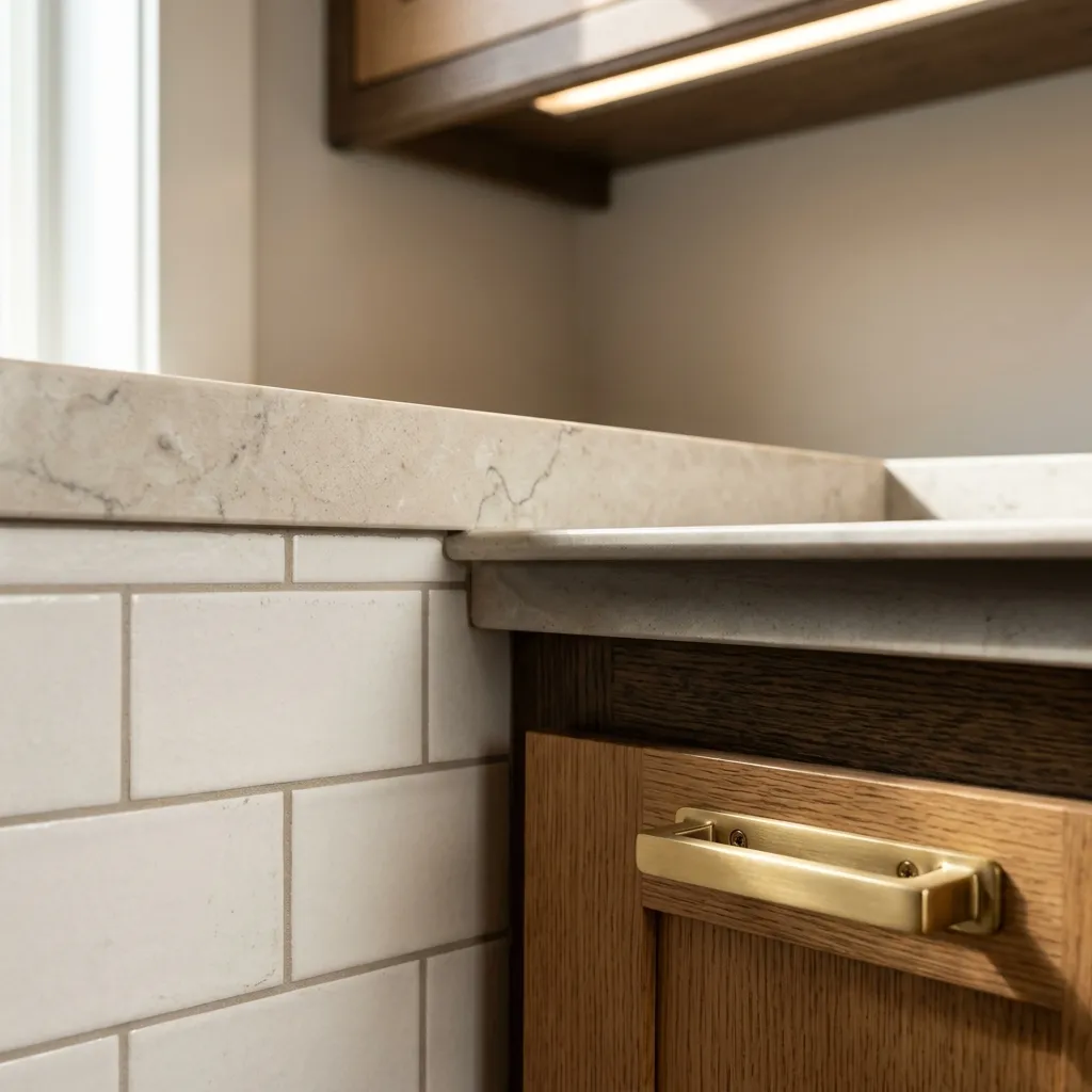 Kitchen remodeler Midcoast Maine: close-up of an oak cabinet drawer with a brass pull below a stone-look counter edge