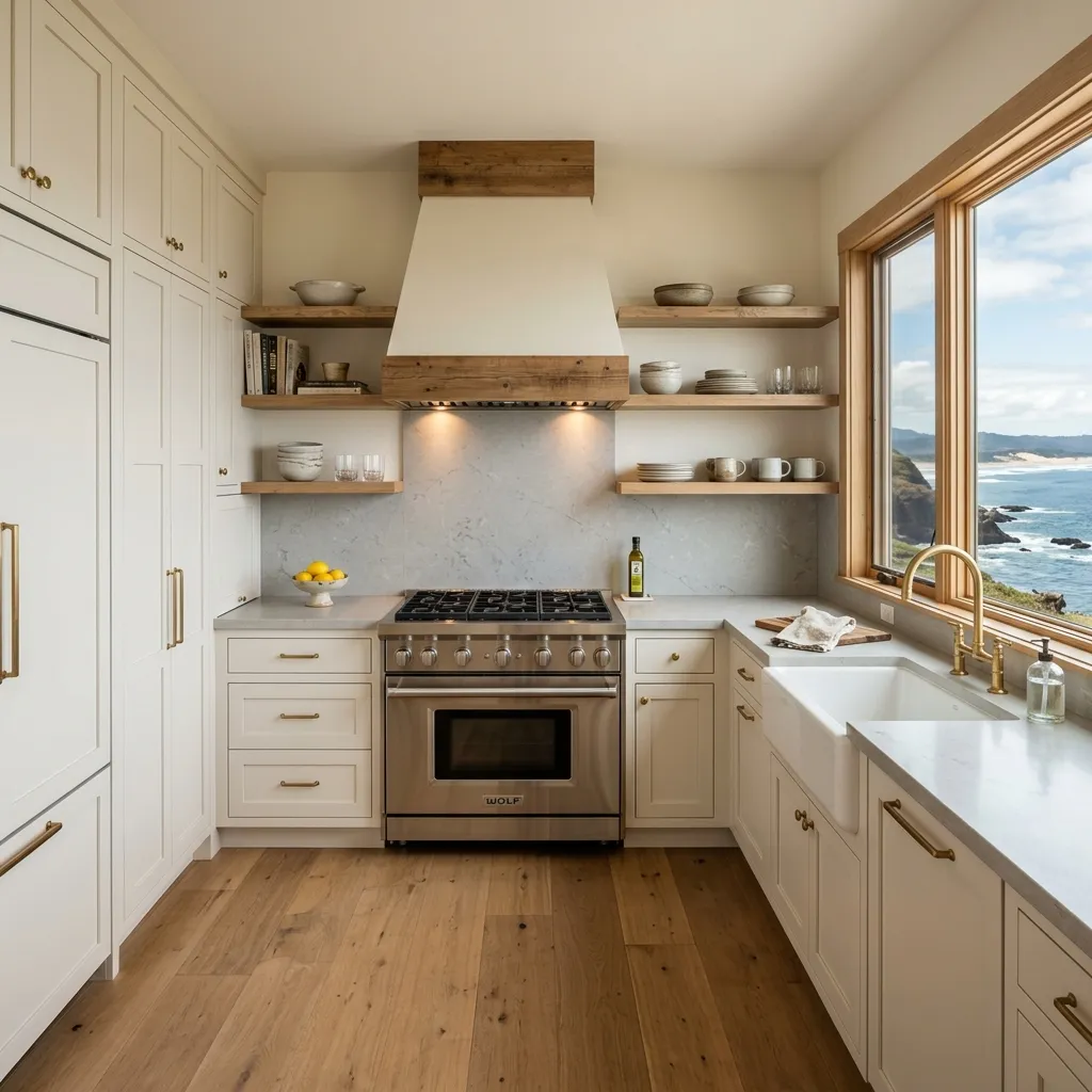 Kitchen remodeling contractor Midcoast Maine: white kitchen with a plaster range hood, open wood shelves and a window to the ocean