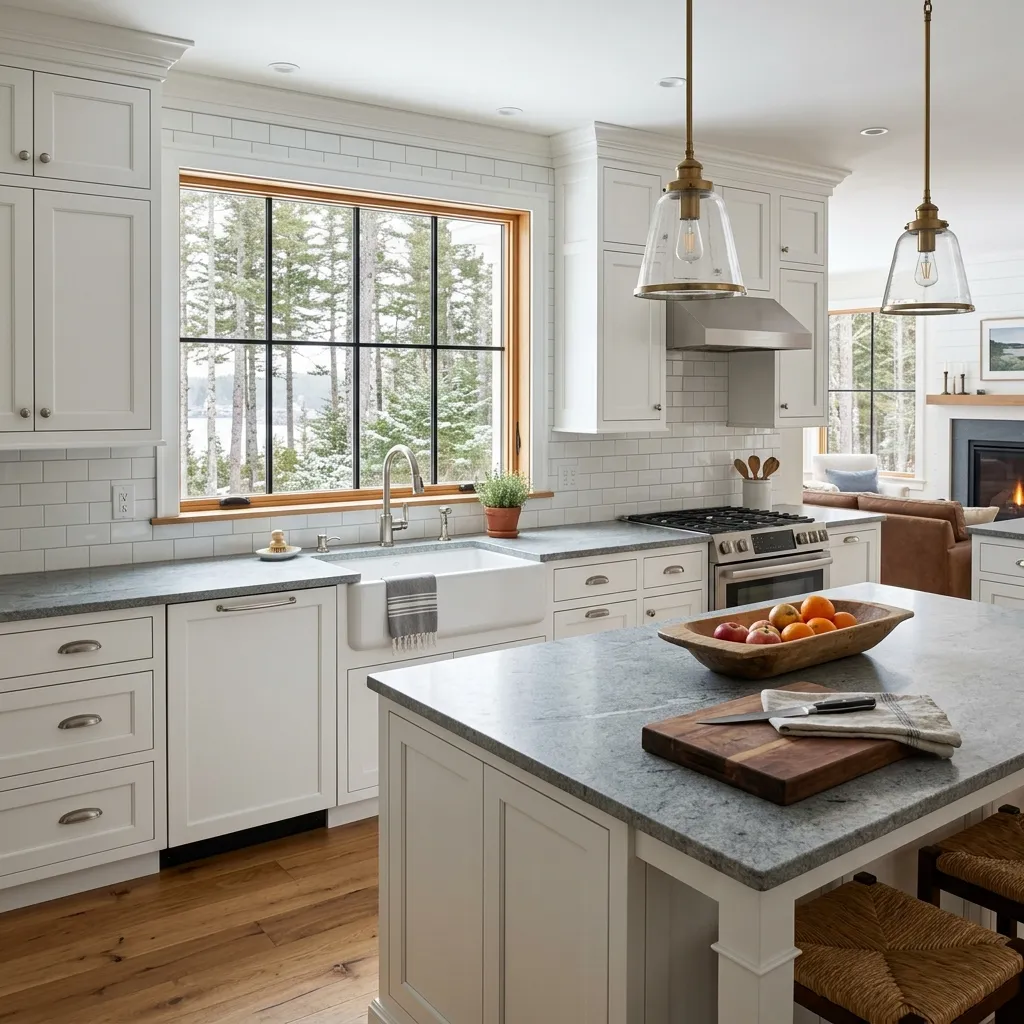 Kitchen renovation contractor Midcoast Maine: white farmhouse kitchen with a gray-topped island, glass pendants and a black-framed window