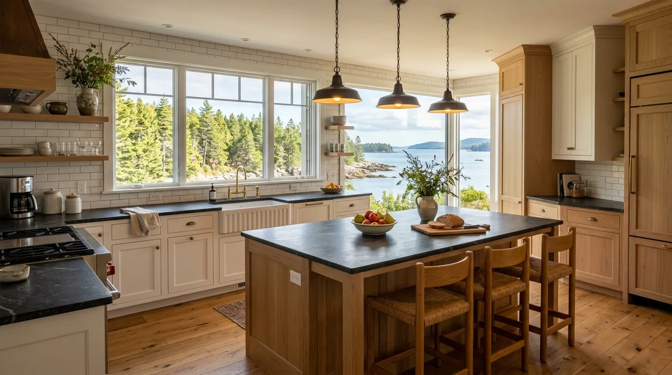 Kitchen remodeler Midcoast Maine: oak and cream kitchen with a soapstone-look island, rush stools and a water view