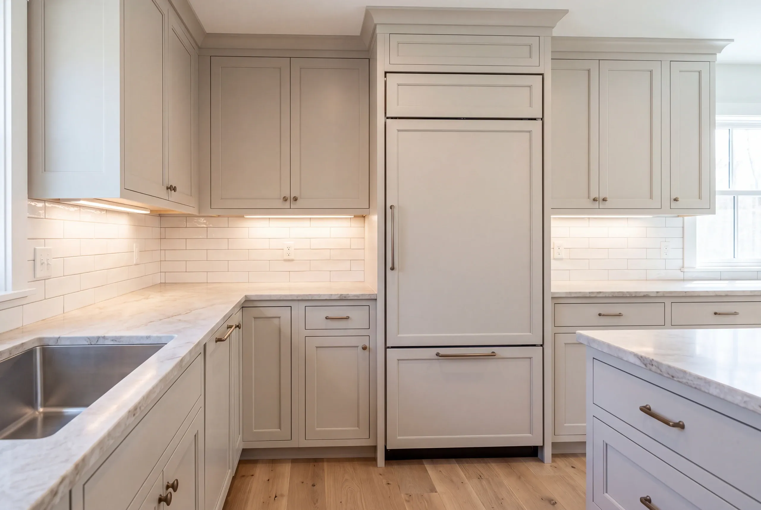 Kitchen renovation contractor Lincolnville Maine: panel-front built-in refrigerator flanked by greige inset cabinets and marble-look counters