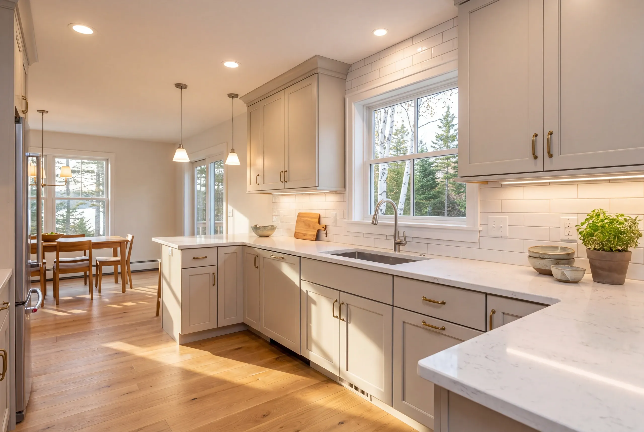 Kitchen remodeling contractor Lincolnville Maine: open greige shaker kitchen with brass pulls and a peninsula leading to a sunny dining area