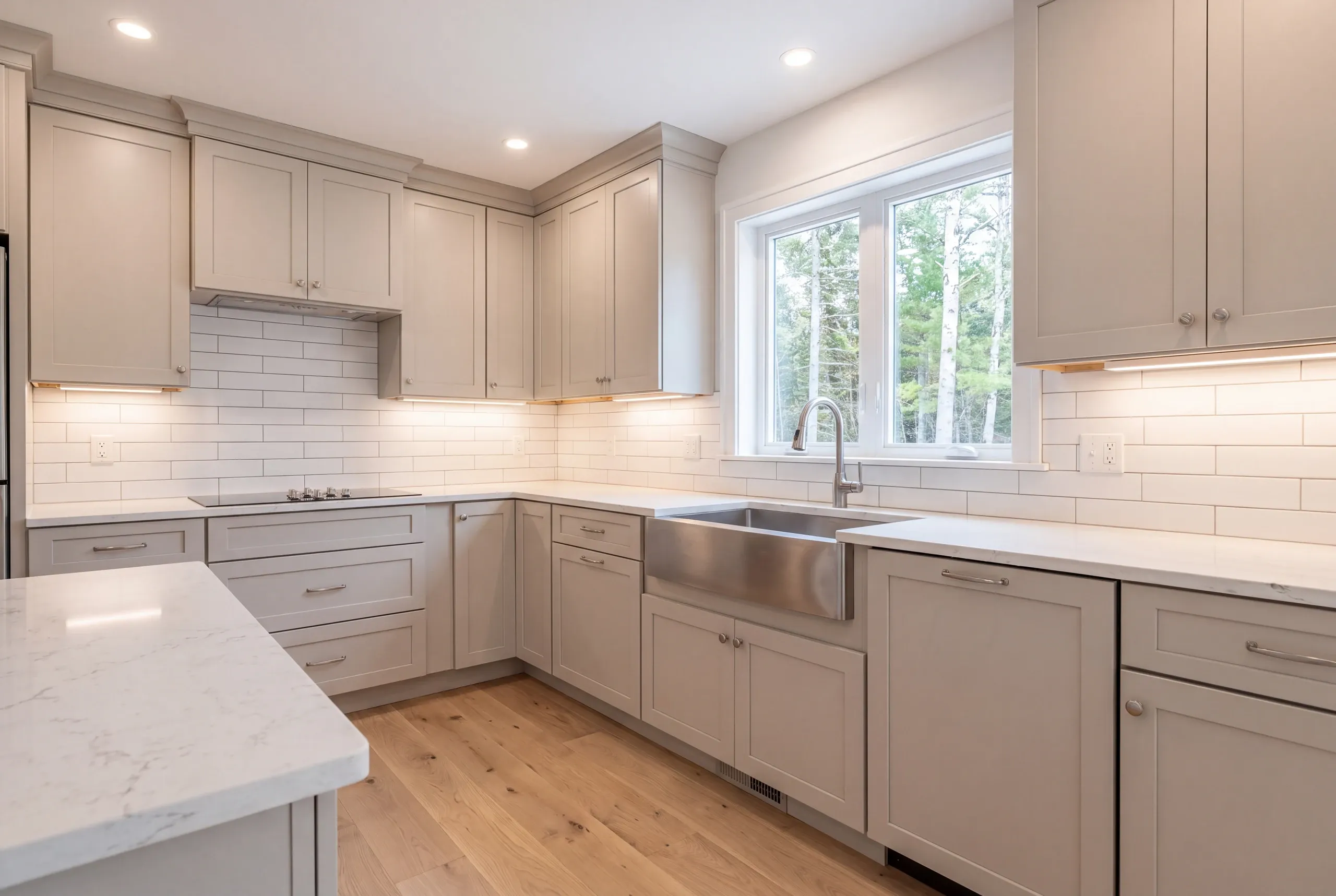 Kitchen renovation contractor Lincolnville Maine: greige shaker kitchen with a glass cooktop, insert hood and a stainless apron sink