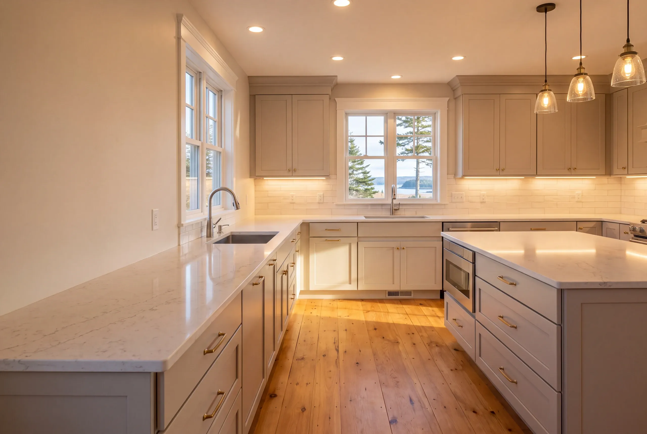 Kitchen remodeler Lincolnville Maine: greige shaker kitchen with two sinks, seeded glass pendants and wide pine floors facing the water