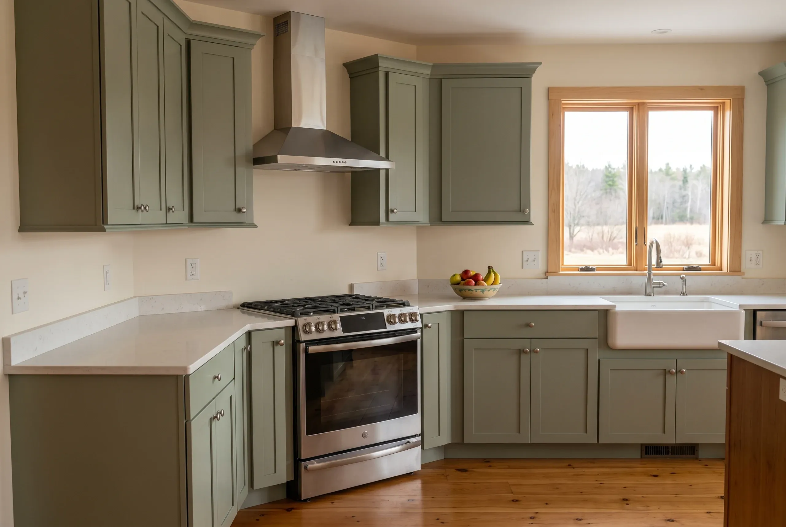 Kitchen remodeling in Pittsfield, ME: sage green shaker kitchen with stainless chimney hood, gas range and wood-framed window over apron sink