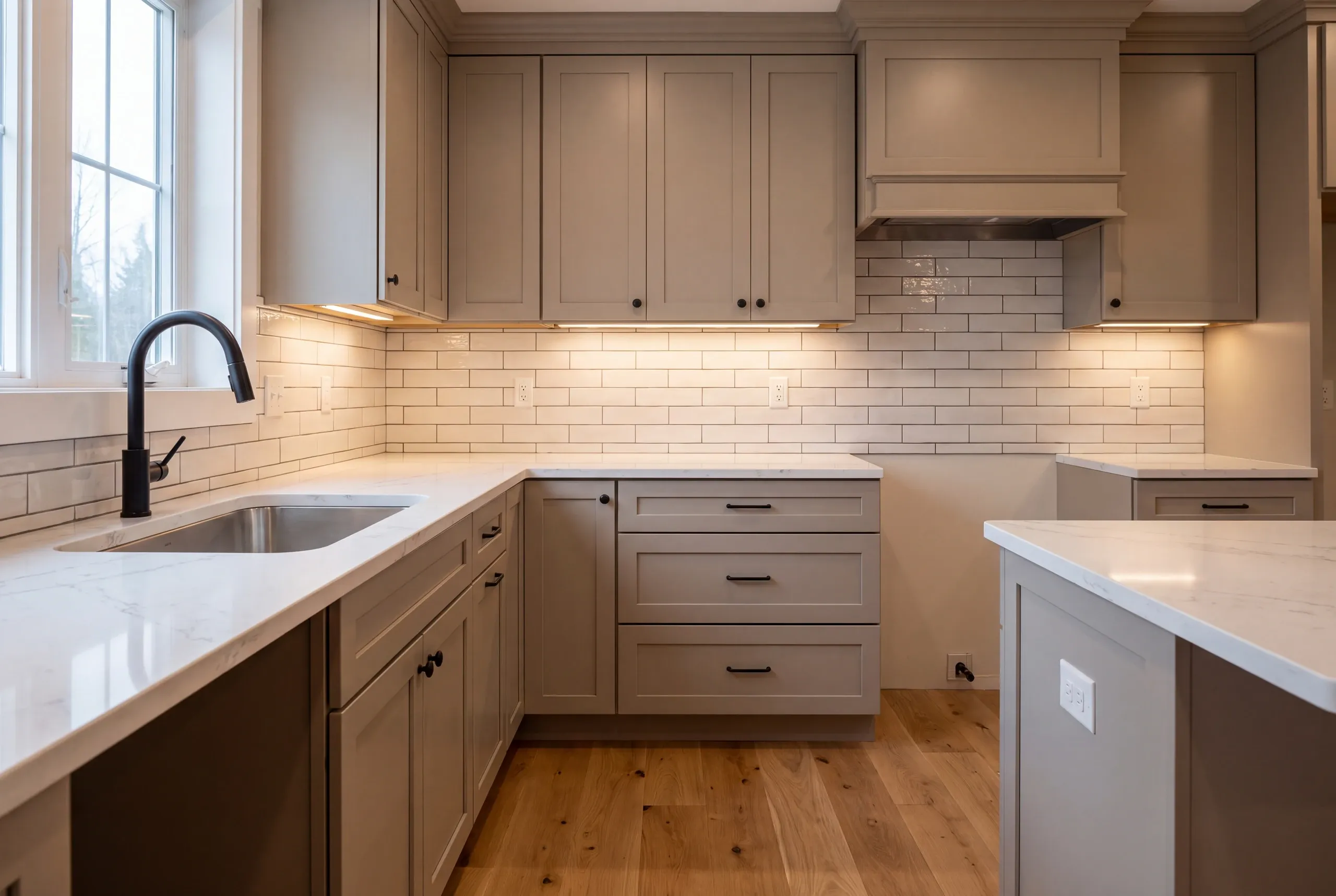 Kitchen renovation contractor Pittsfield Maine: greige shaker kitchen with black faucet and pulls, a three-drawer stack and a wood hood box