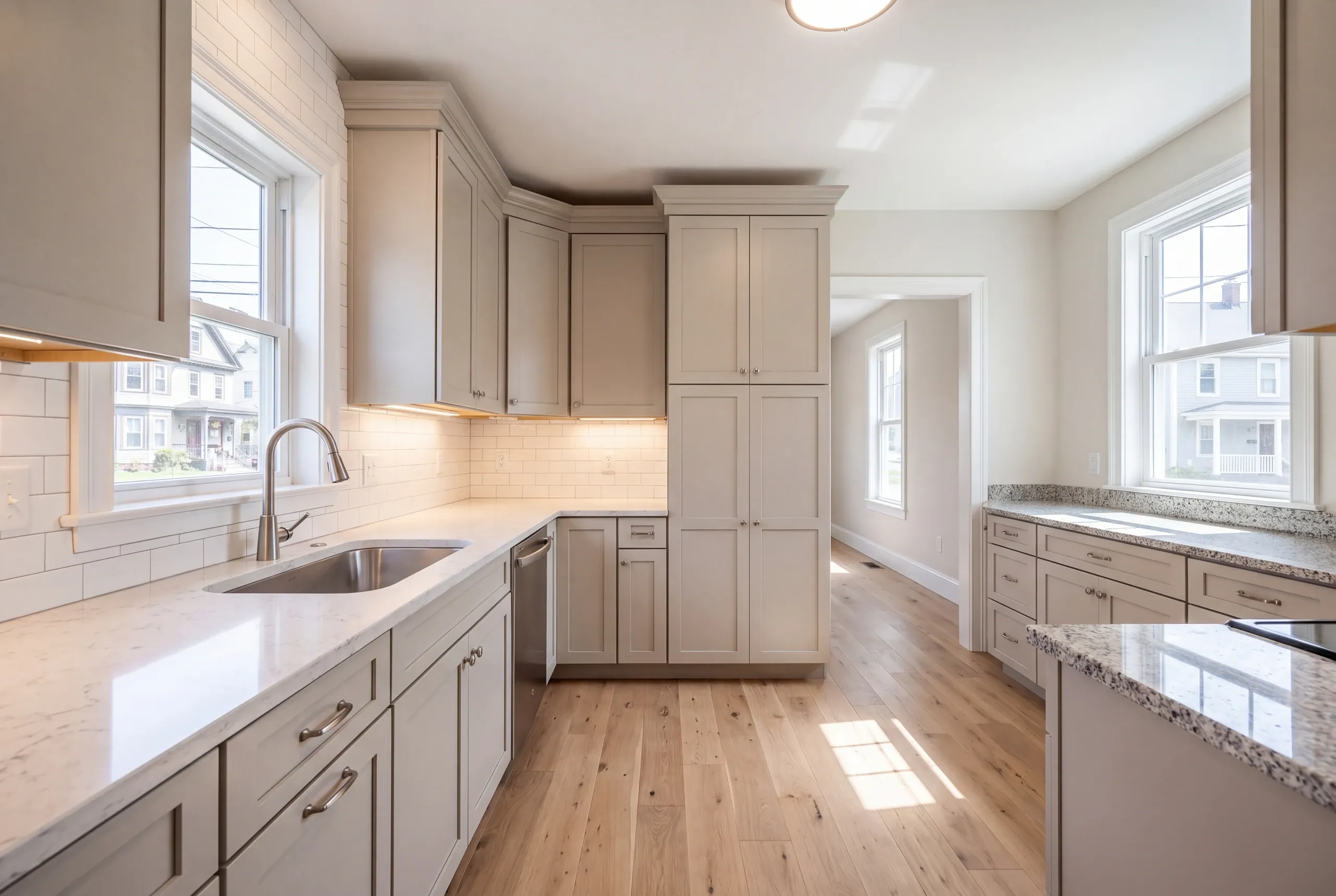 Kitchen remodeler Pittsfield Maine: greige shaker galley with a tall pantry, white counter at the sink and speckled counters opposite