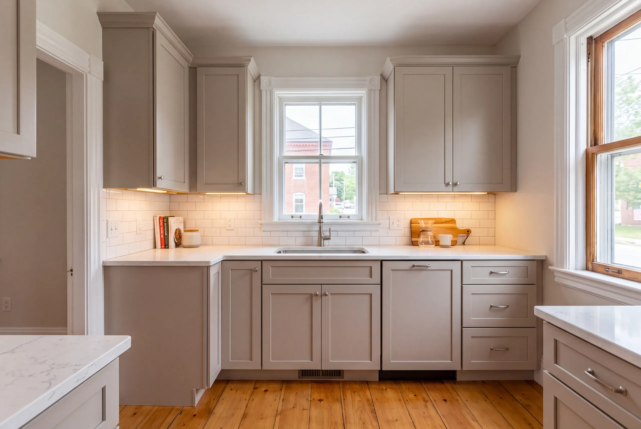 Kitchen remodeling contractor Pittsfield Maine: greige shaker cabinets around a sink window facing a brick building