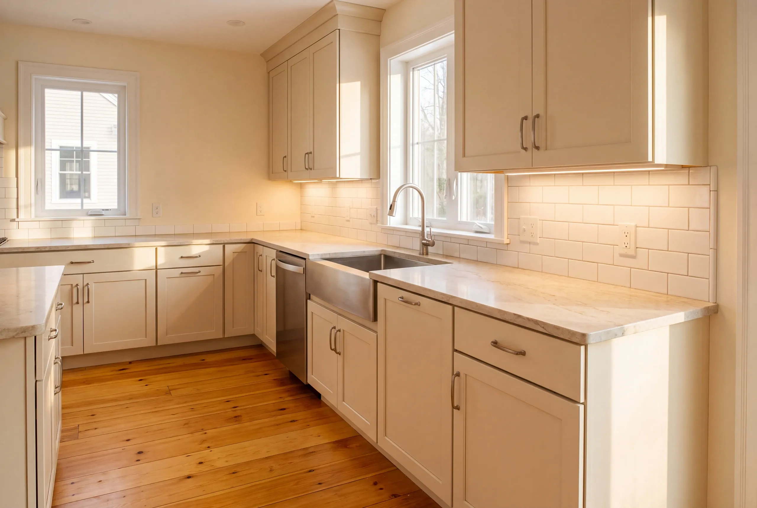 Kitchen renovation contractor Pittsfield Maine: cream shaker kitchen in low sun with a stainless apron sink, subway tile and wide pine floors
