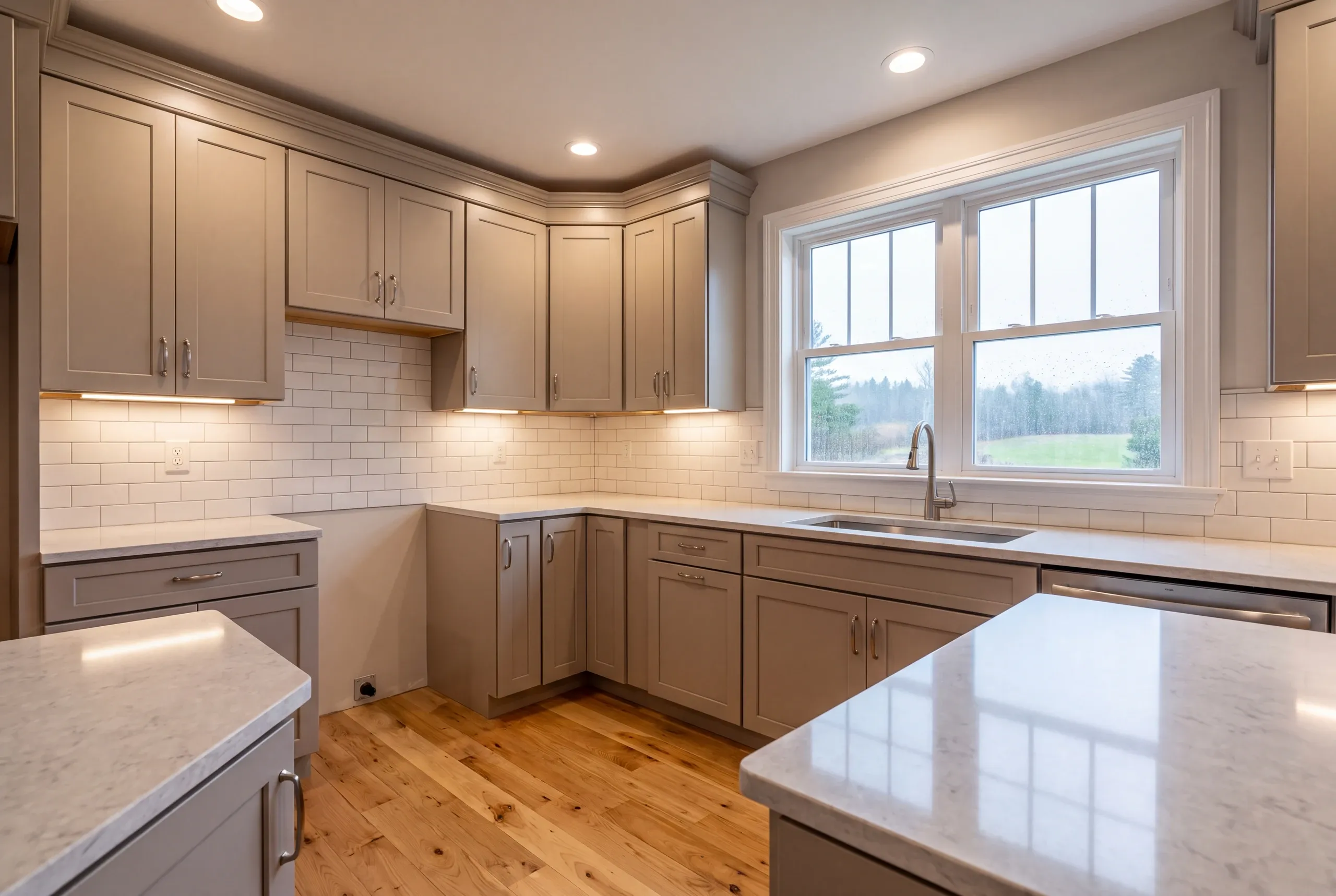 Kitchen remodeling in Pittston, ME: greige shaker kitchen with an undermount sink below a rain-speckled double window and two islands