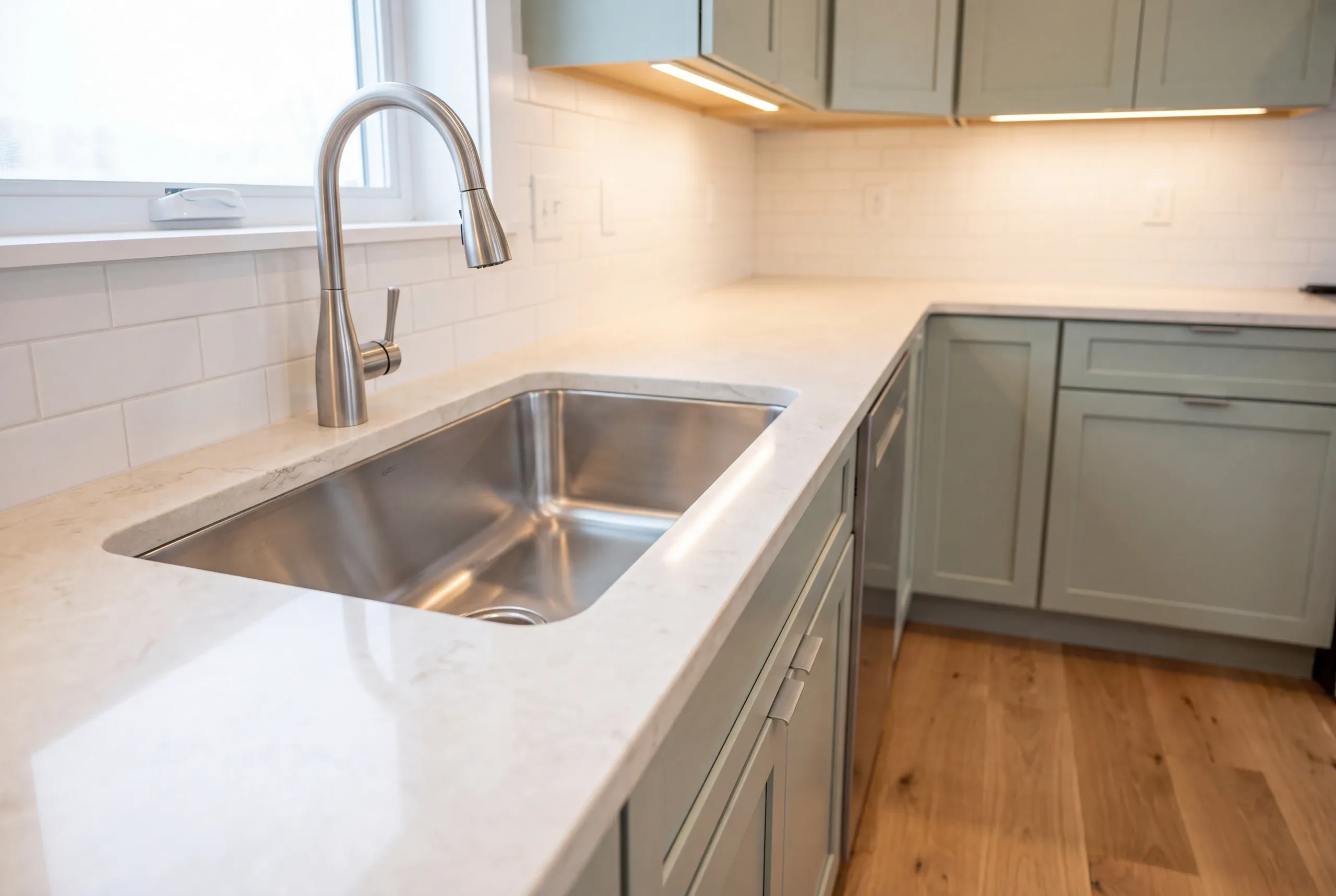 Kitchen renovation contractor Pittston Maine: clean stainless undermount sink in a light quartz-look counter on sage green shaker cabinets