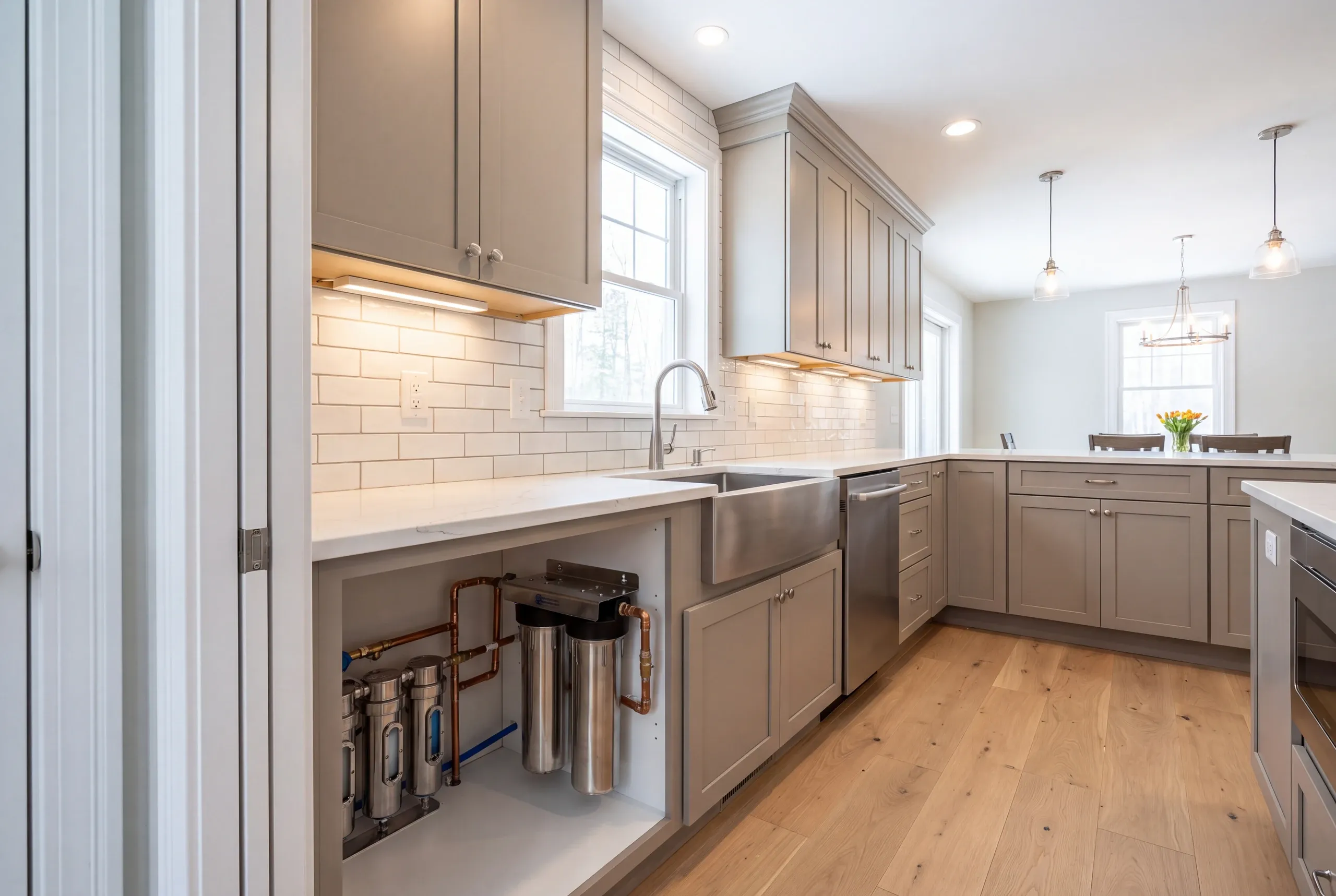 Kitchen remodeler Pittston Maine: stainless water filter housings with copper piping in an open base cabinet beside an apron sink