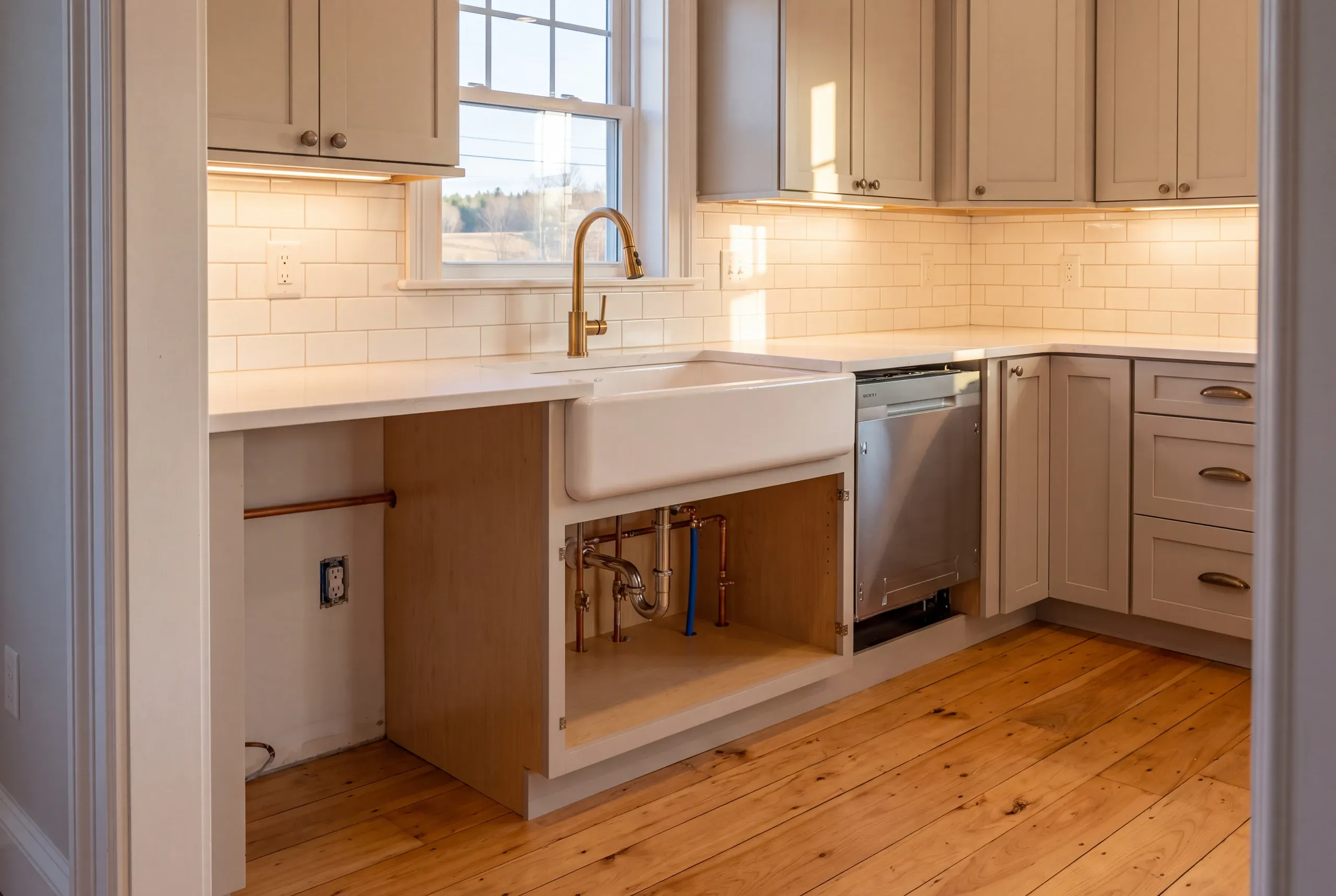 Kitchen remodeling contractor Pittston Maine: fireclay apron sink with a brass faucet over an open base showing new supply and drain lines