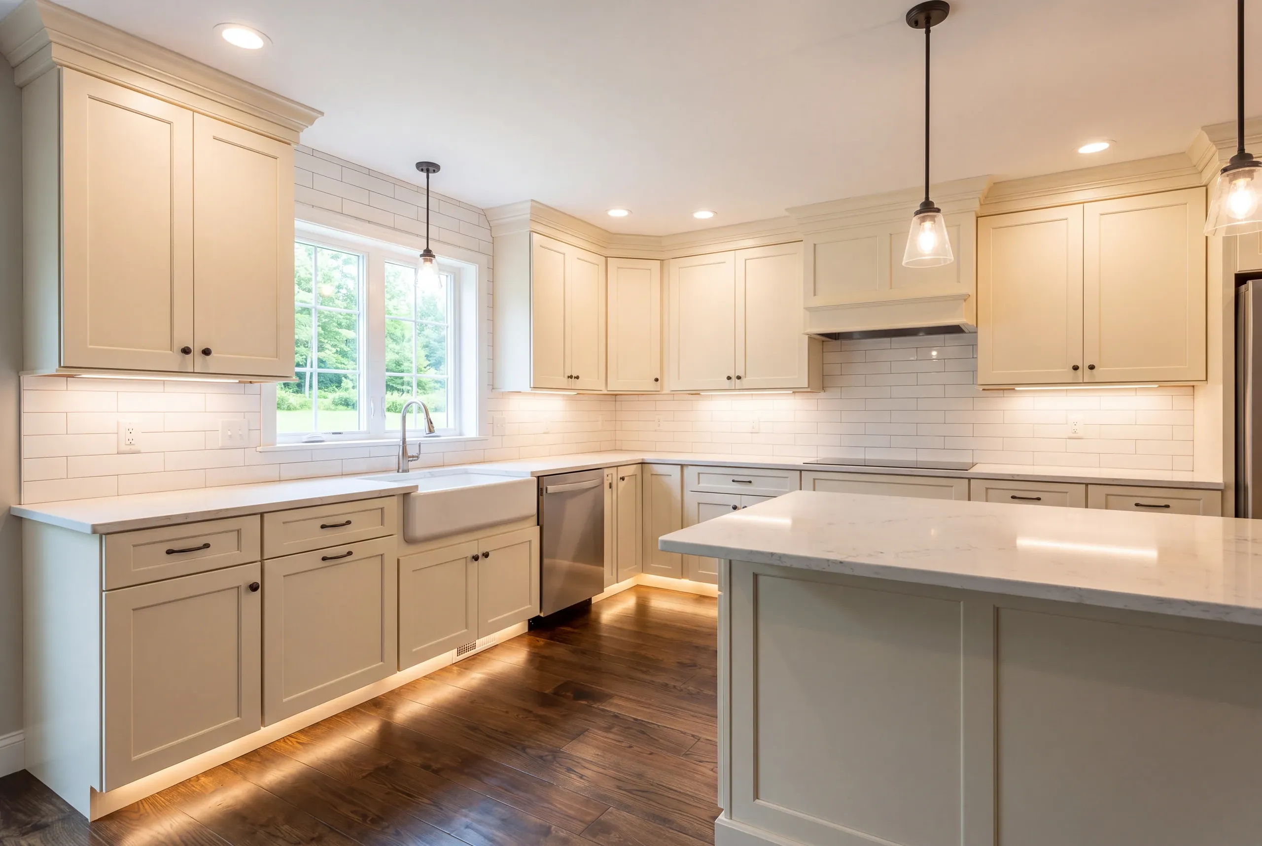 Kitchen renovation contractor Pittston Maine: cream shaker kitchen with a fireclay apron sink, glowing toe-kick lights and dark wood floors