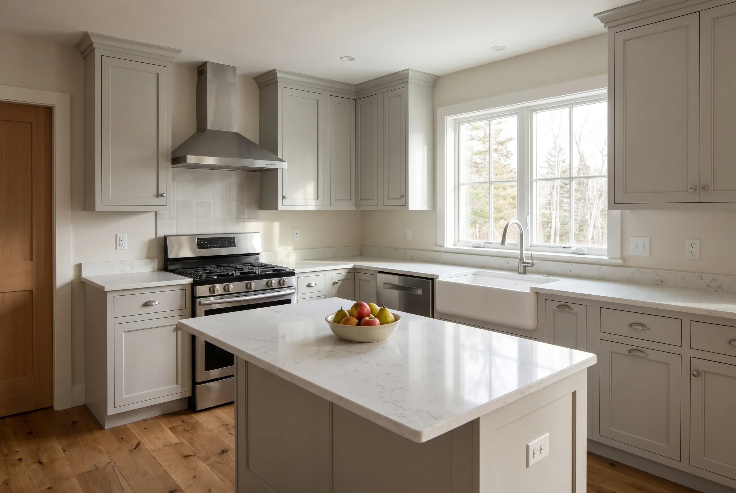 Kitchen remodeling in Rockland, ME: gray inset cabinets, a white stone island, apron sink under a window and a chimney hood over a gas range