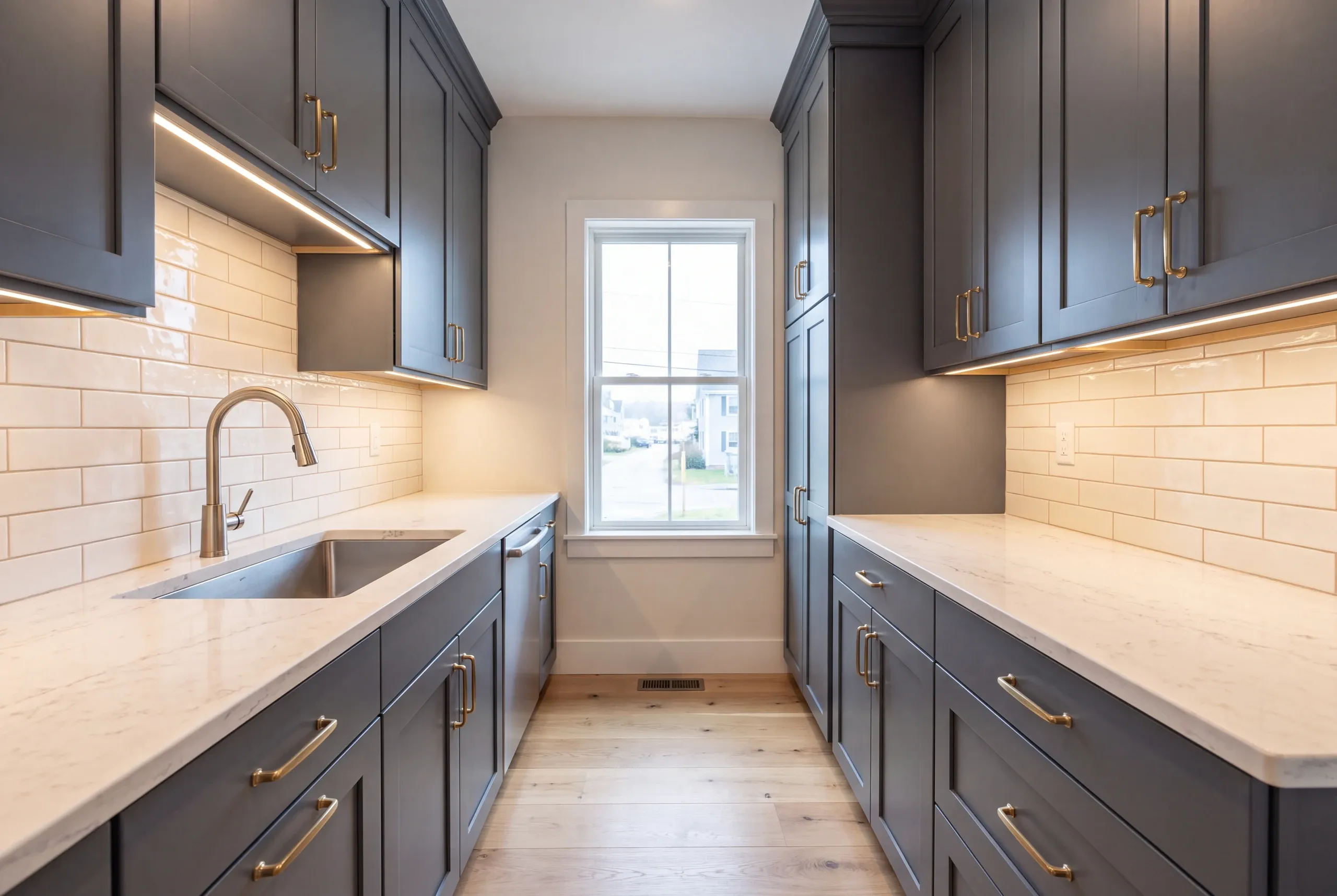 Kitchen renovation contractor Rockland Maine: narrow slate gray galley kitchen with full-height cabinets, brass pulls and a window at the end